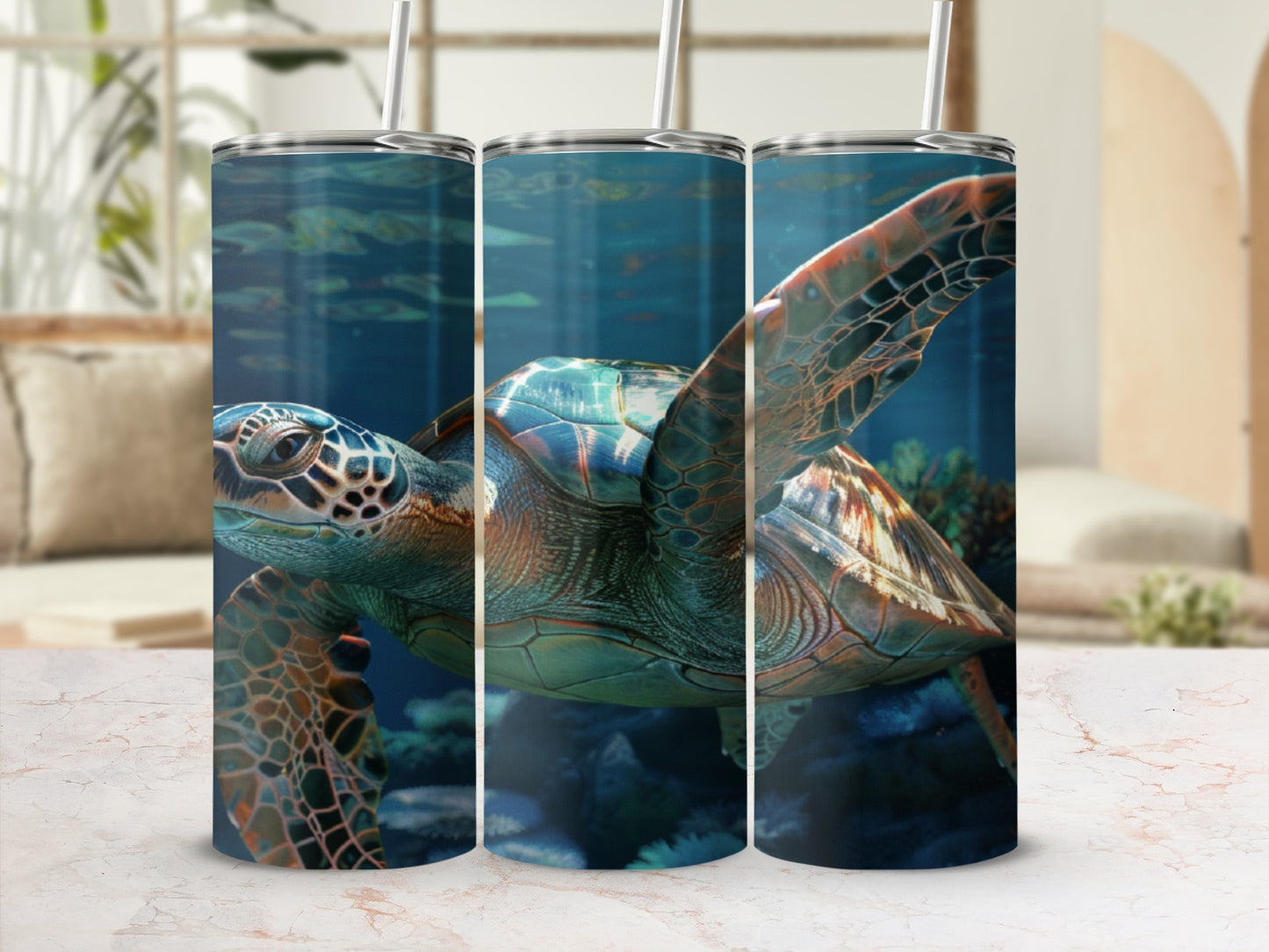 Sea turtle swims underwater with coral reef, displayed on three tumblers.