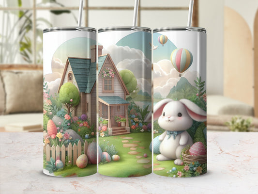 Easter bunny and decorated eggs in a spring scene with houses and hot air balloons.