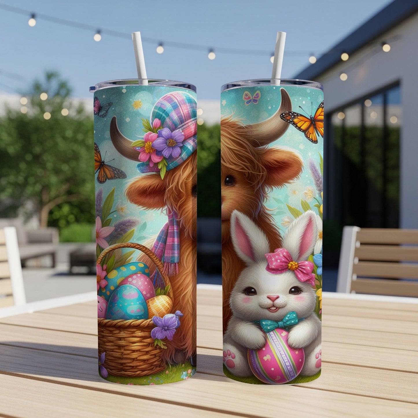 Easter highland cow and bunny with decorated eggs and butterflies.