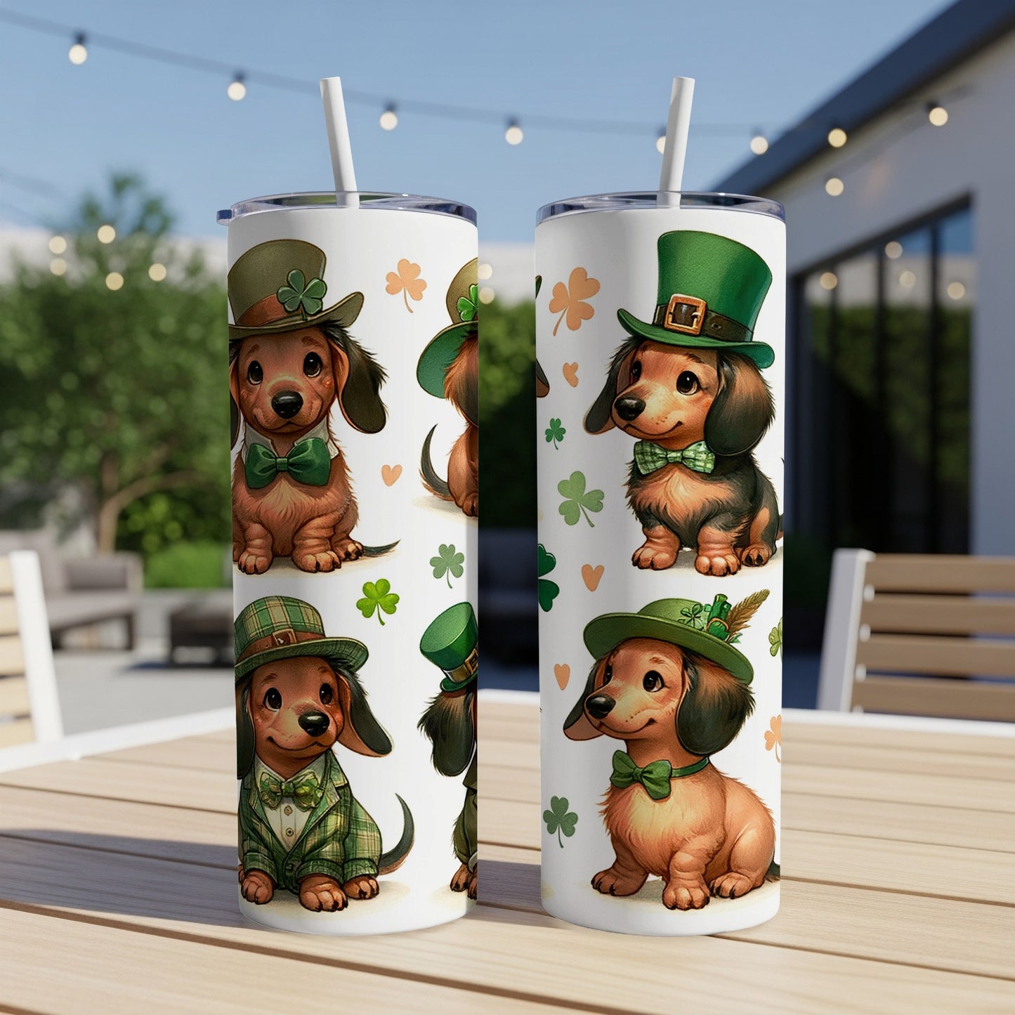 Dachshunds in St. Patrick's Day hats and attire on a white tumbler.