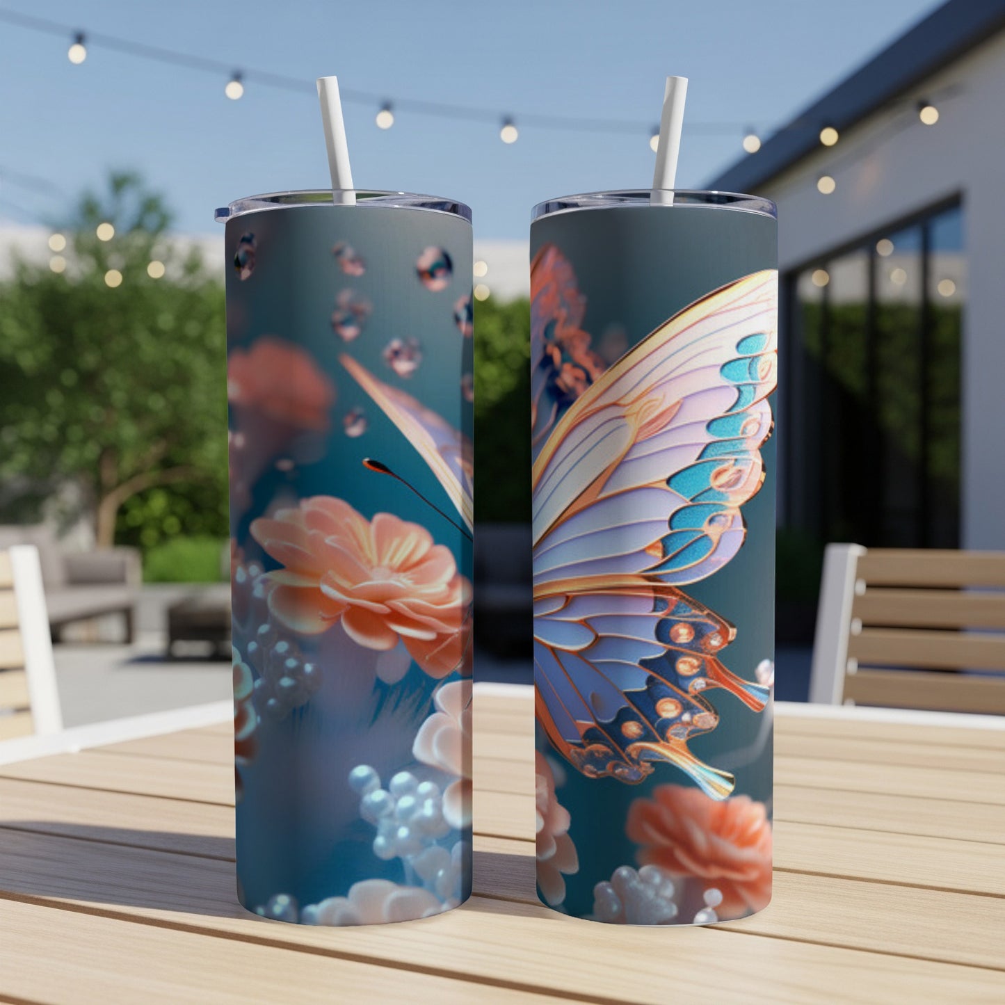 Two tumblers with iridescent butterfly and floral designs on an outdoor table.