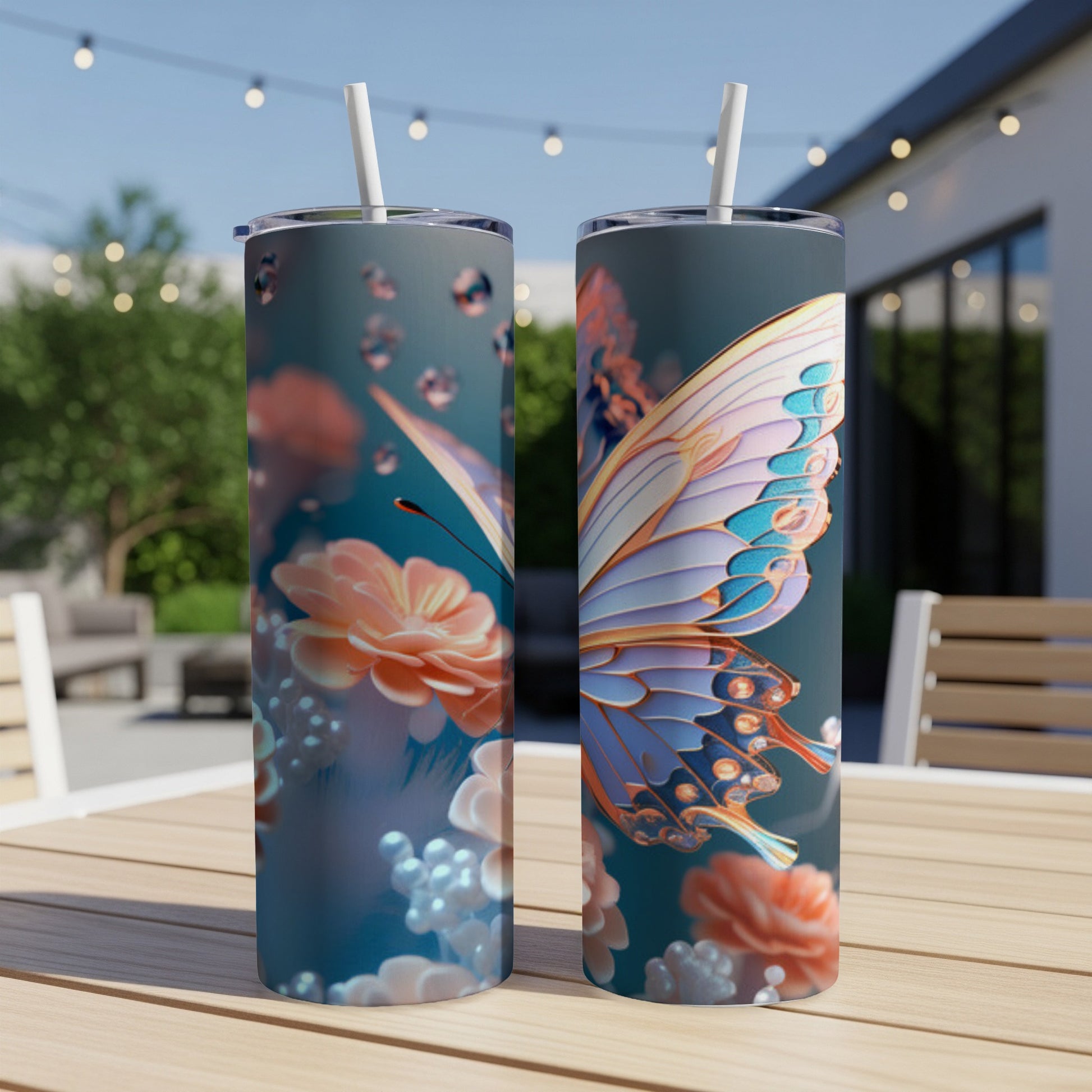 Two tumblers with iridescent butterfly and floral designs on an outdoor table.