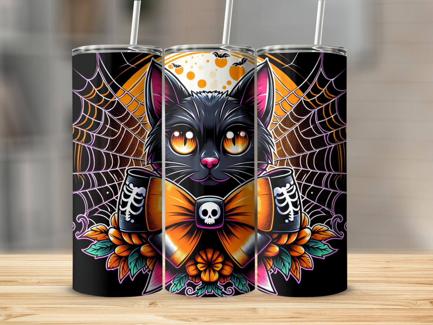 Black cat with Halloween bow and skeleton sleeves on a tumbler with spiderwebs.