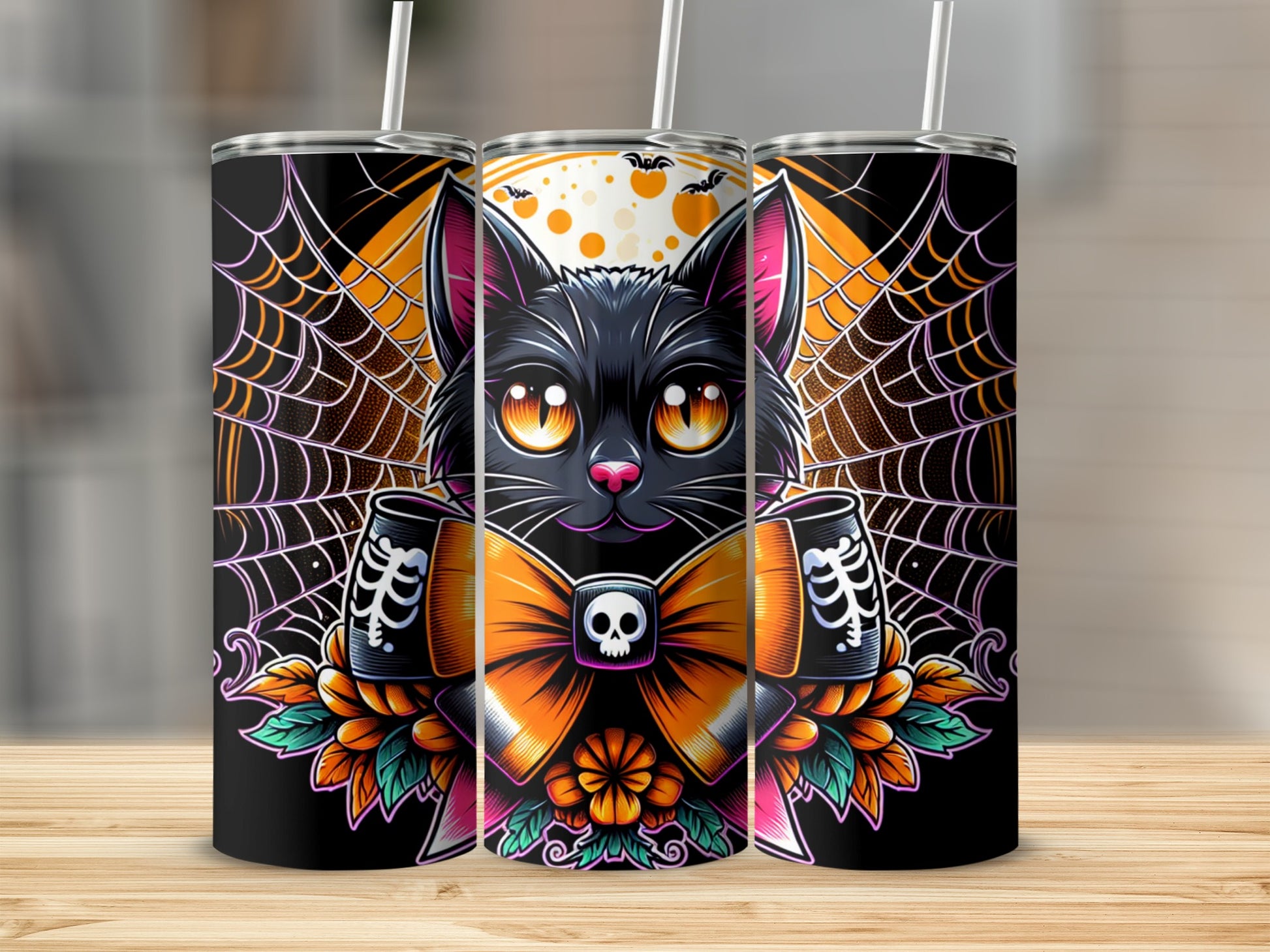 Black cat with Halloween bow and skeleton sleeves on a tumbler with spiderwebs.