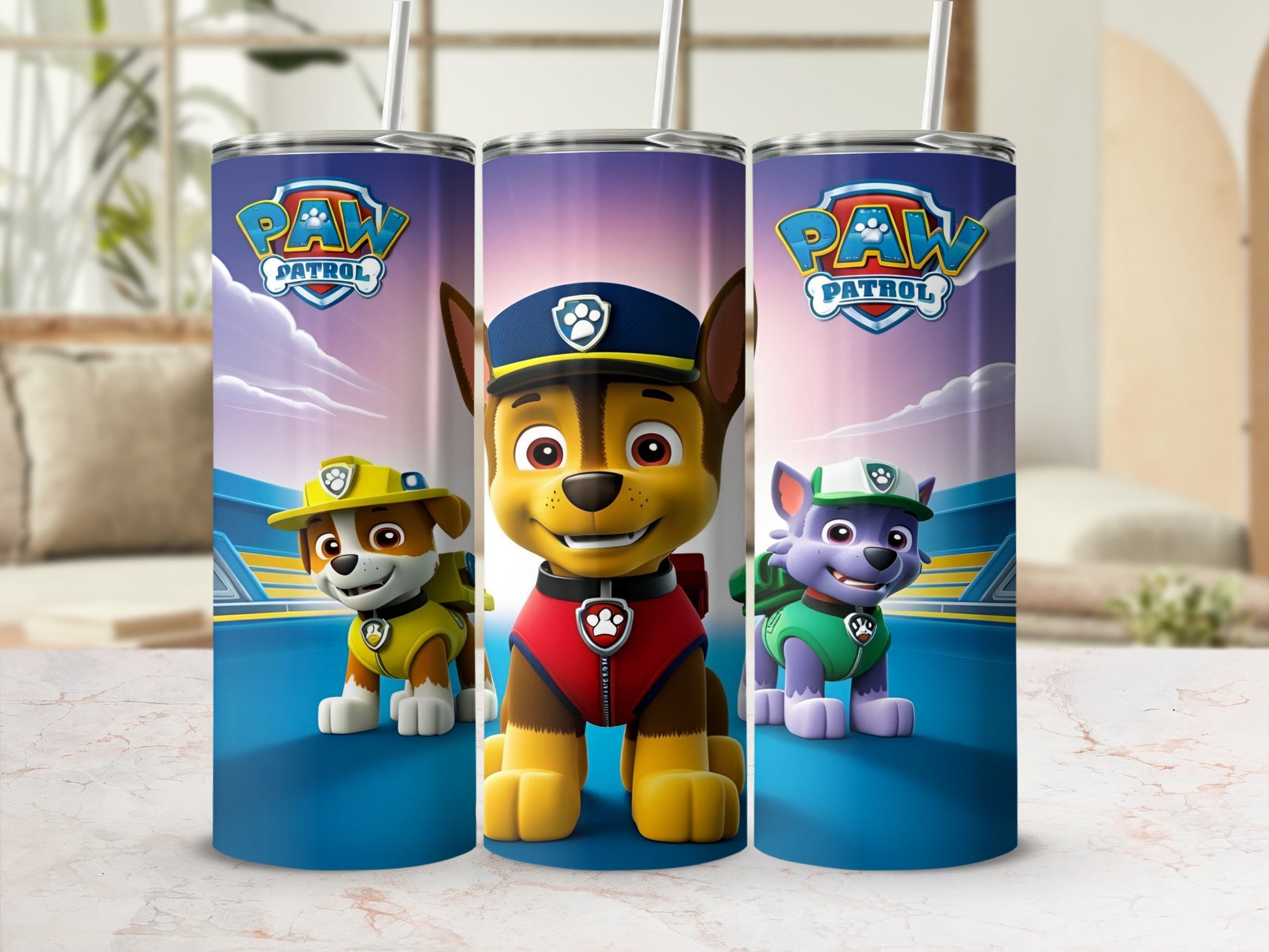 Paw Patrol Chase, Marshall, and Rubble characters on tumblers.