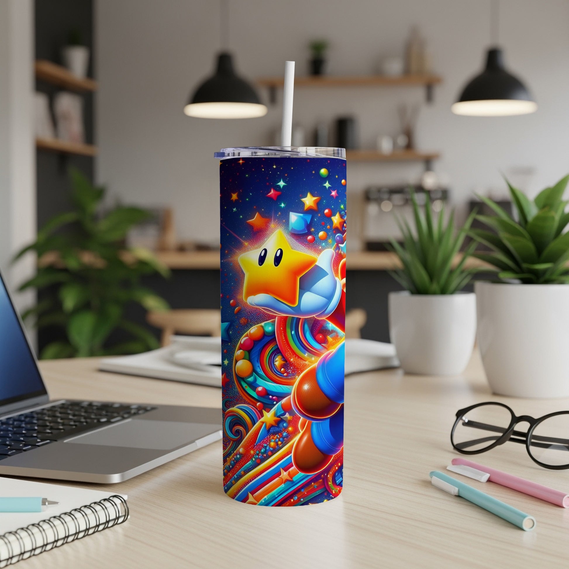 Mario star and colorful swirling patterns on a tumbler with a straw.