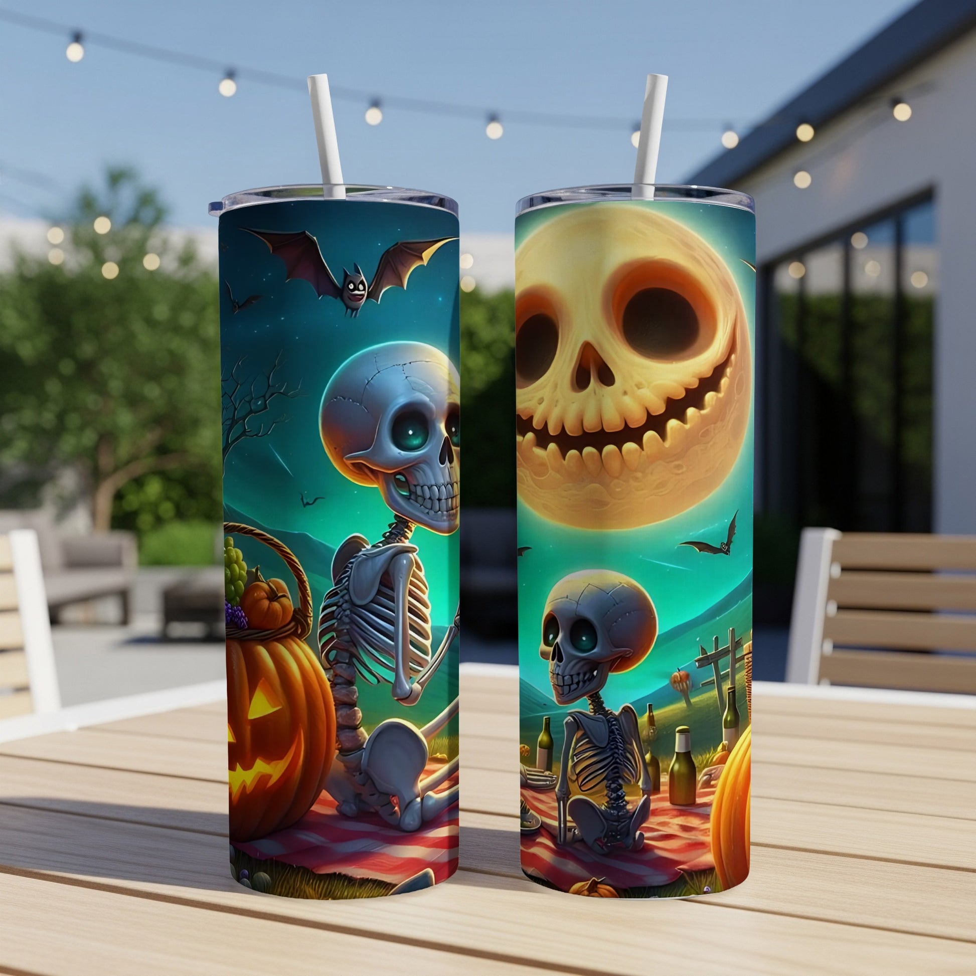 Two tumblers with Halloween skeleton and jack-o-lantern designs on a picnic blanket.