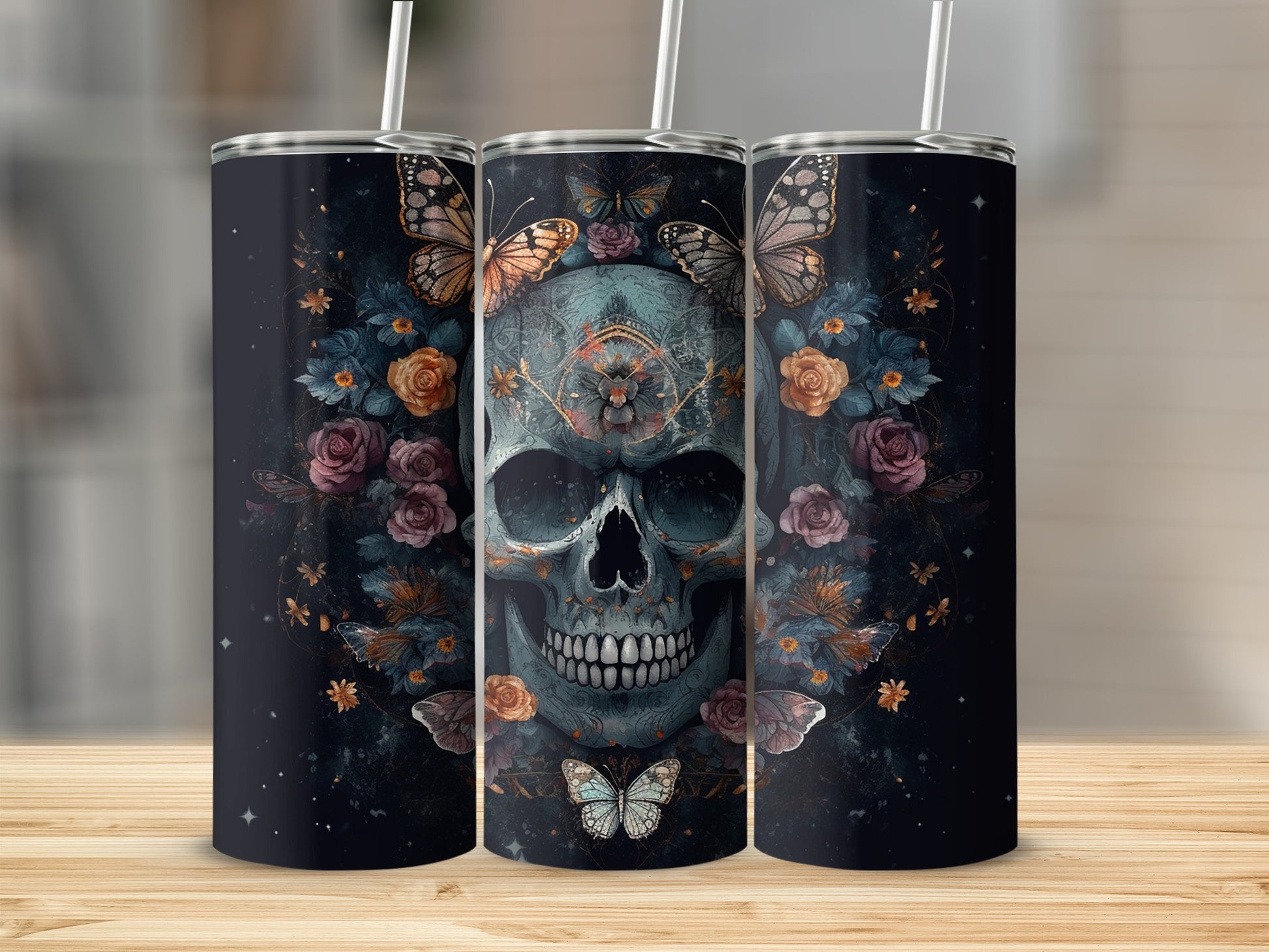 Colorful Skull with Butterflies Tumbler