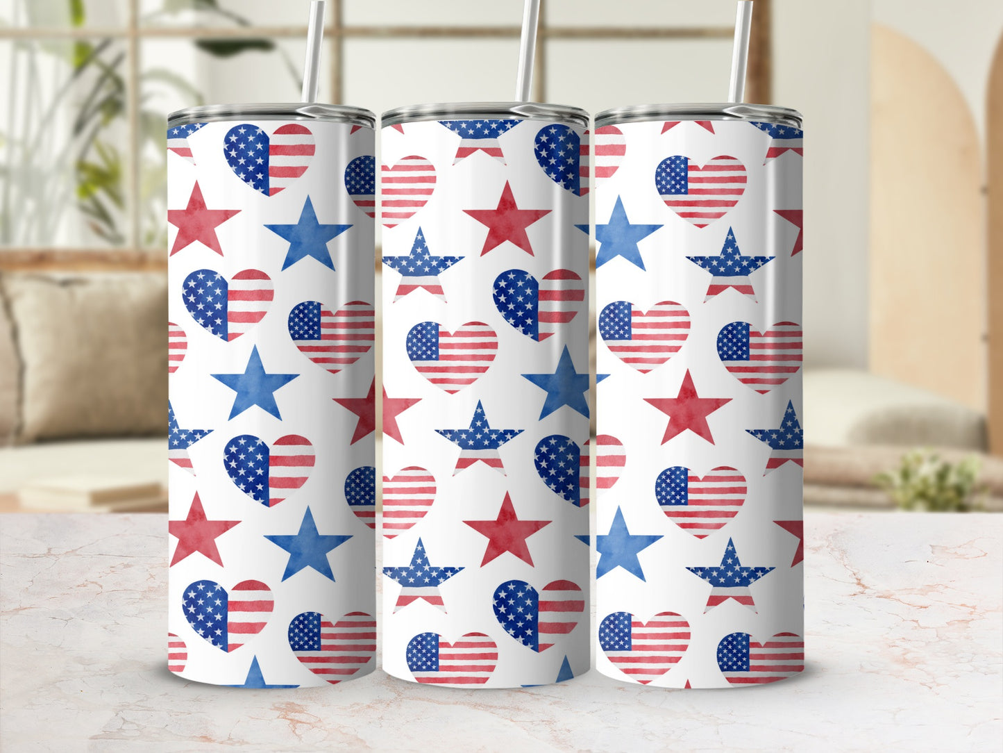 Patriotic tumbler with American flag hearts and stars pattern.