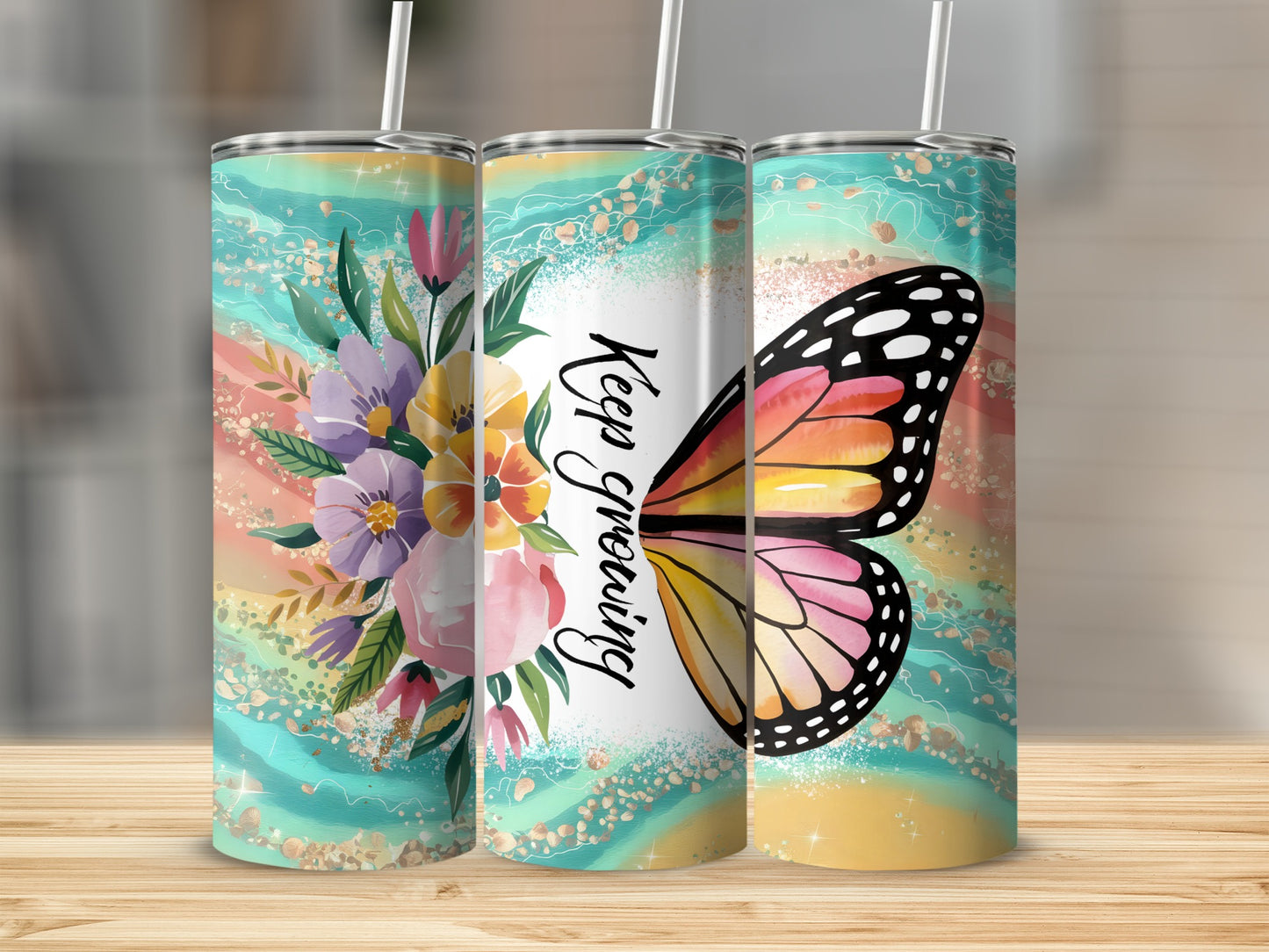 Tumbler with butterfly and flowers, "Keep Growing" text.