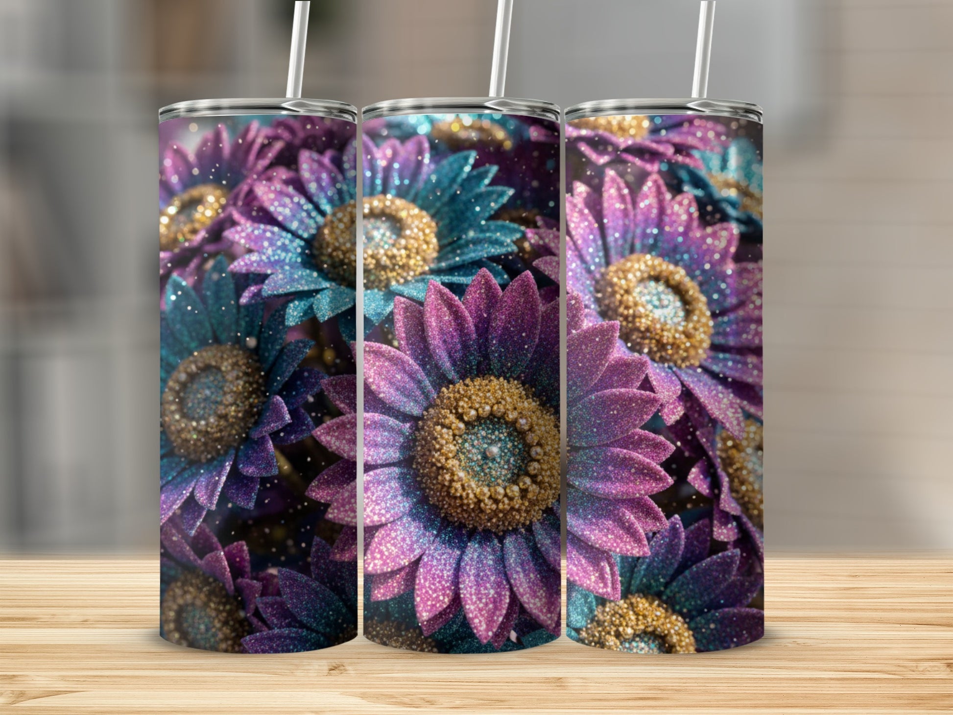 Sparkling Glitter Floral Design Tumbler Cup