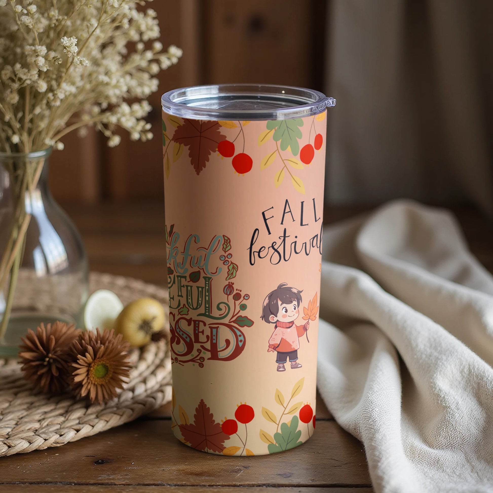 Fall Festival Kid Design Large Covered Tumbler Cup