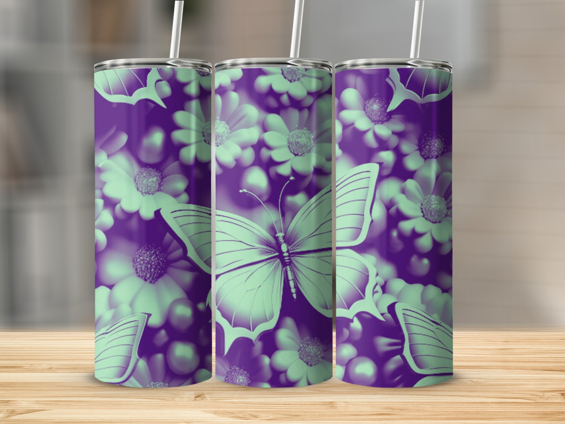 Purple tumbler with a butterfly and floral pattern.