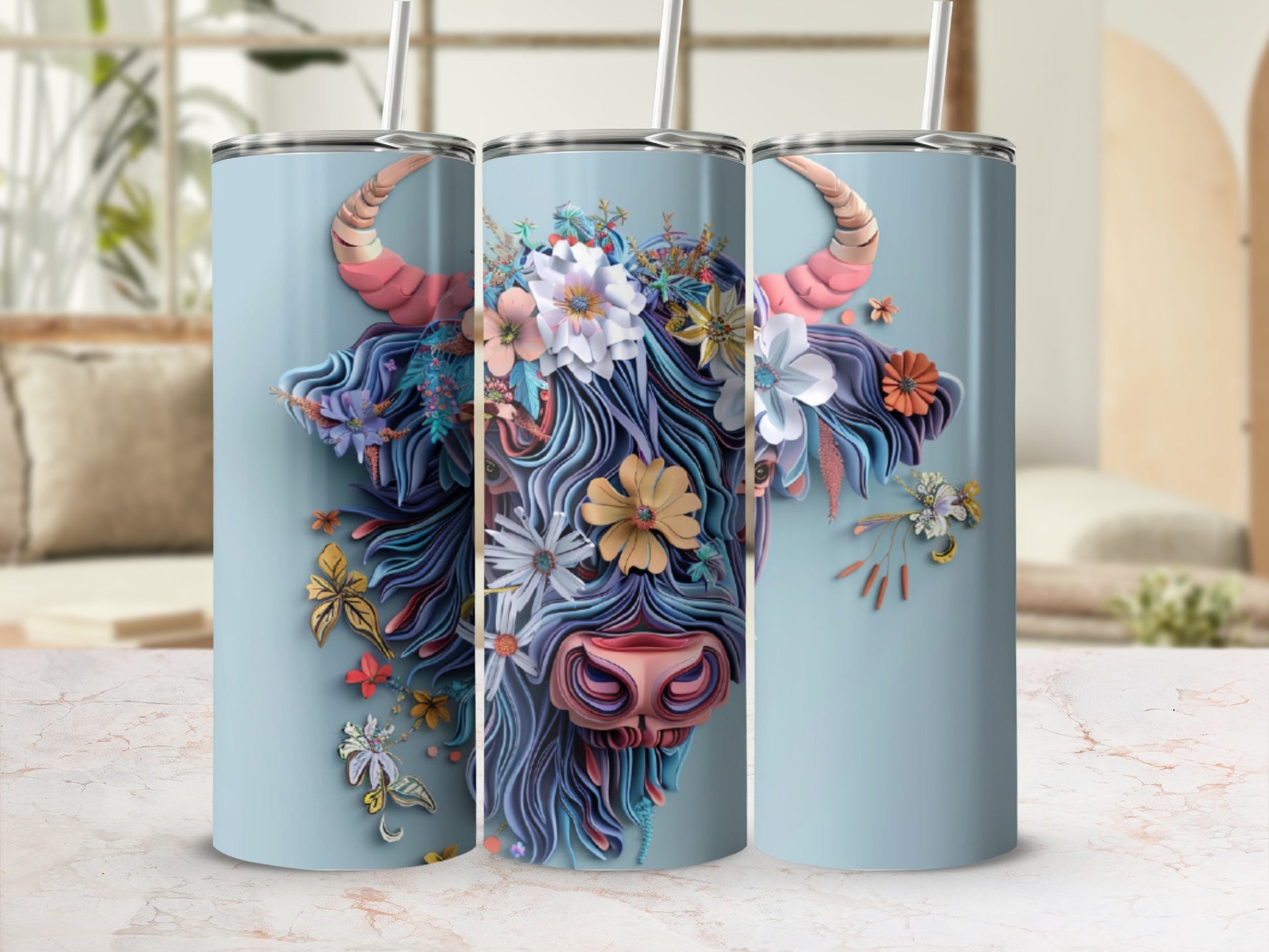 Floral highland cow tumbler with pastel background.