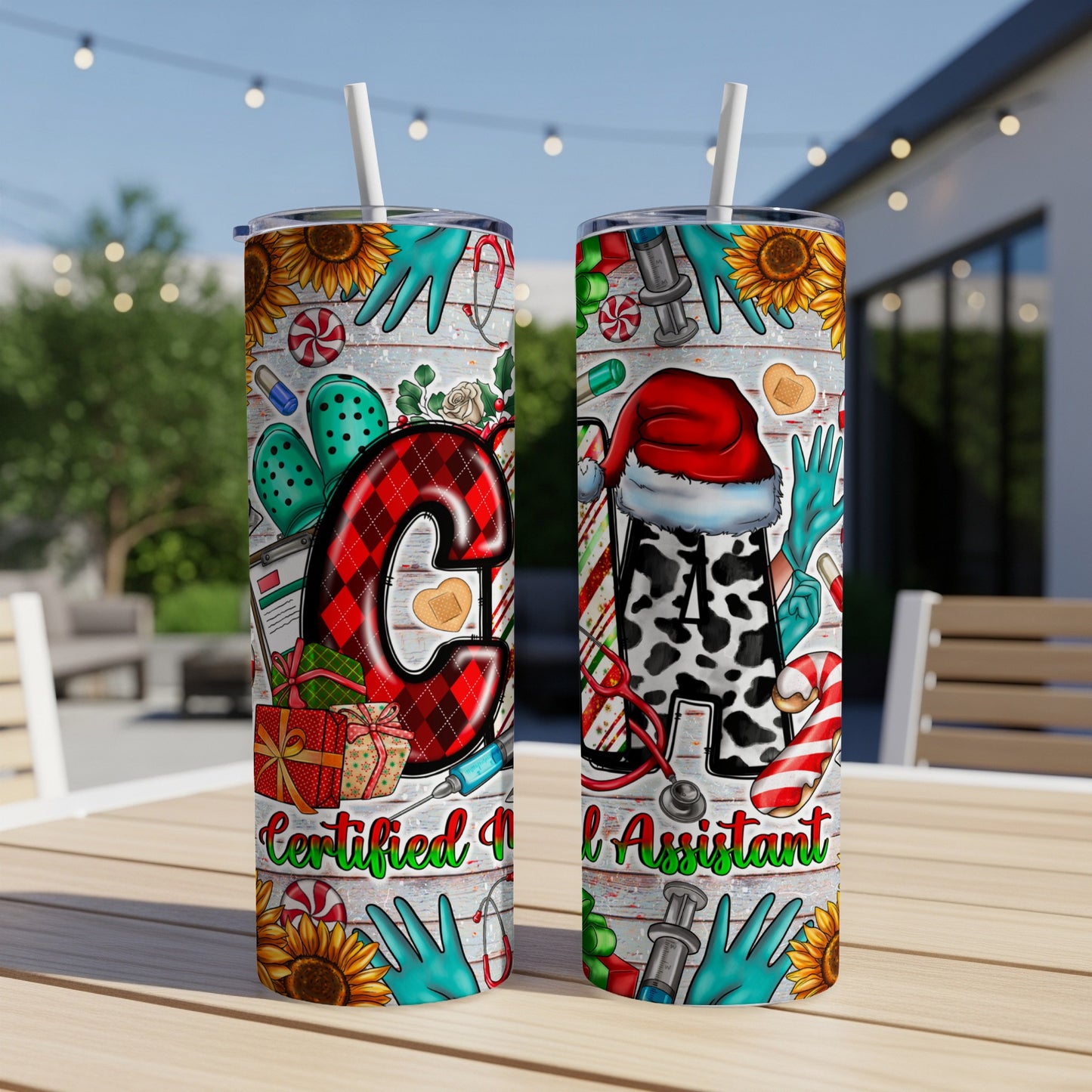 Cow print Certified Nursing Assistant tumbler with medical icons and Santa hat.