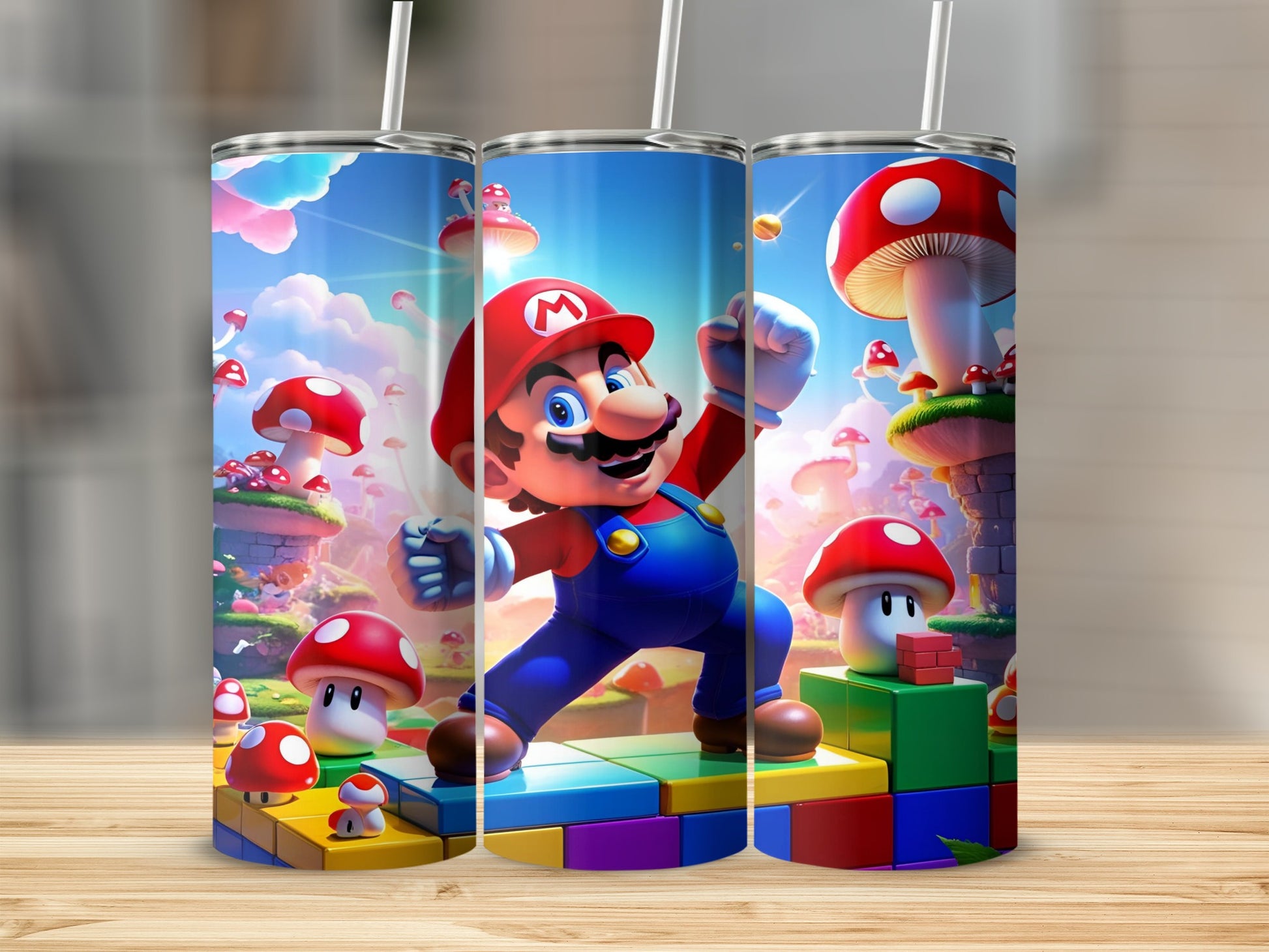 Super Mario character in a colorful game world with mushrooms and blocks.