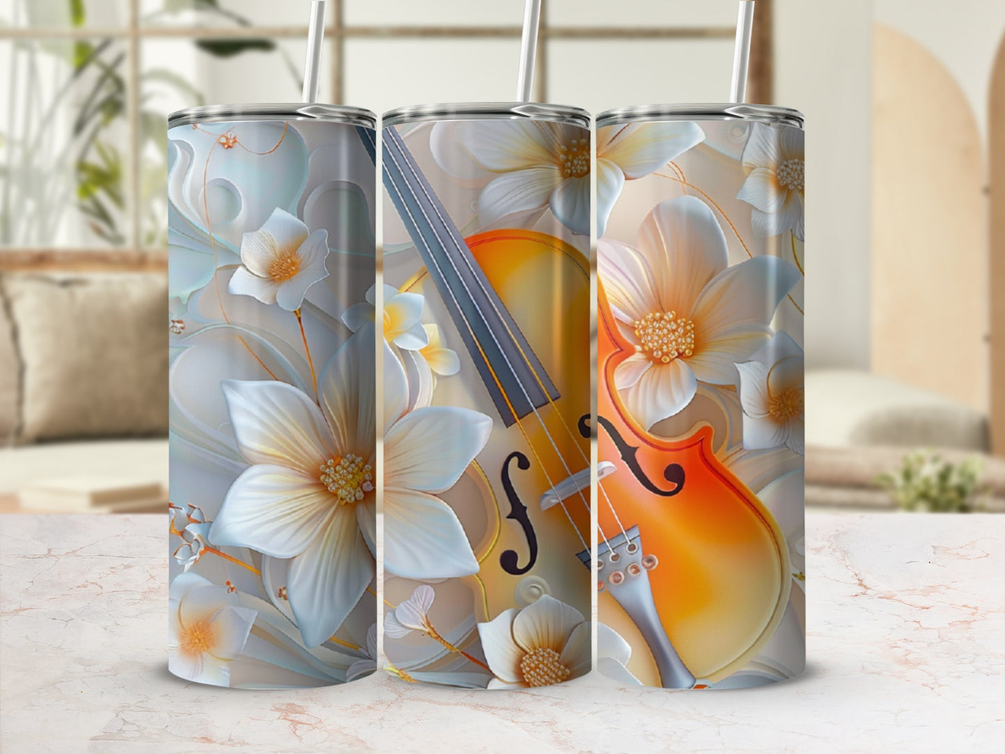 Tumbler with floral design and a violin.