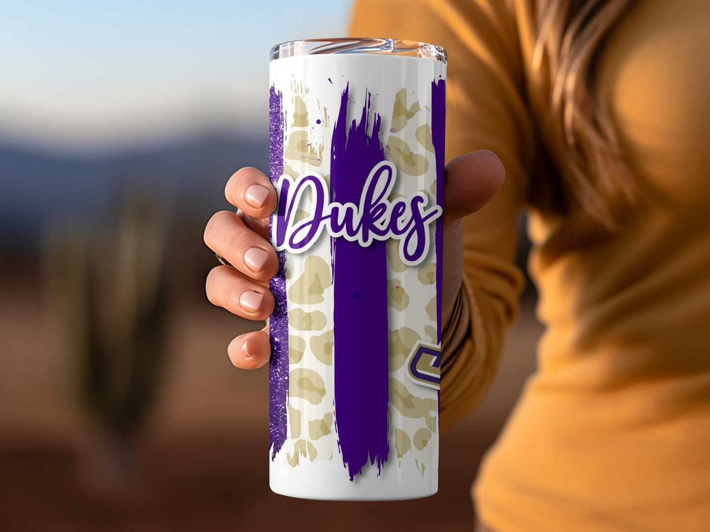 Dukes JMU Brush Strokes Purple Gold Leopard Print Tumblers