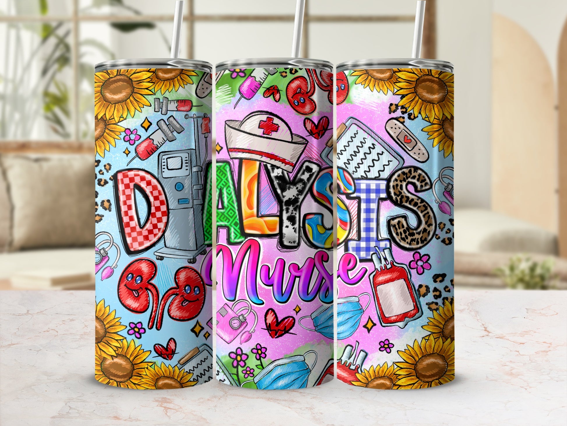 Dialysis Nurse tumbler with sunflowers, kidneys, and medical icons.
