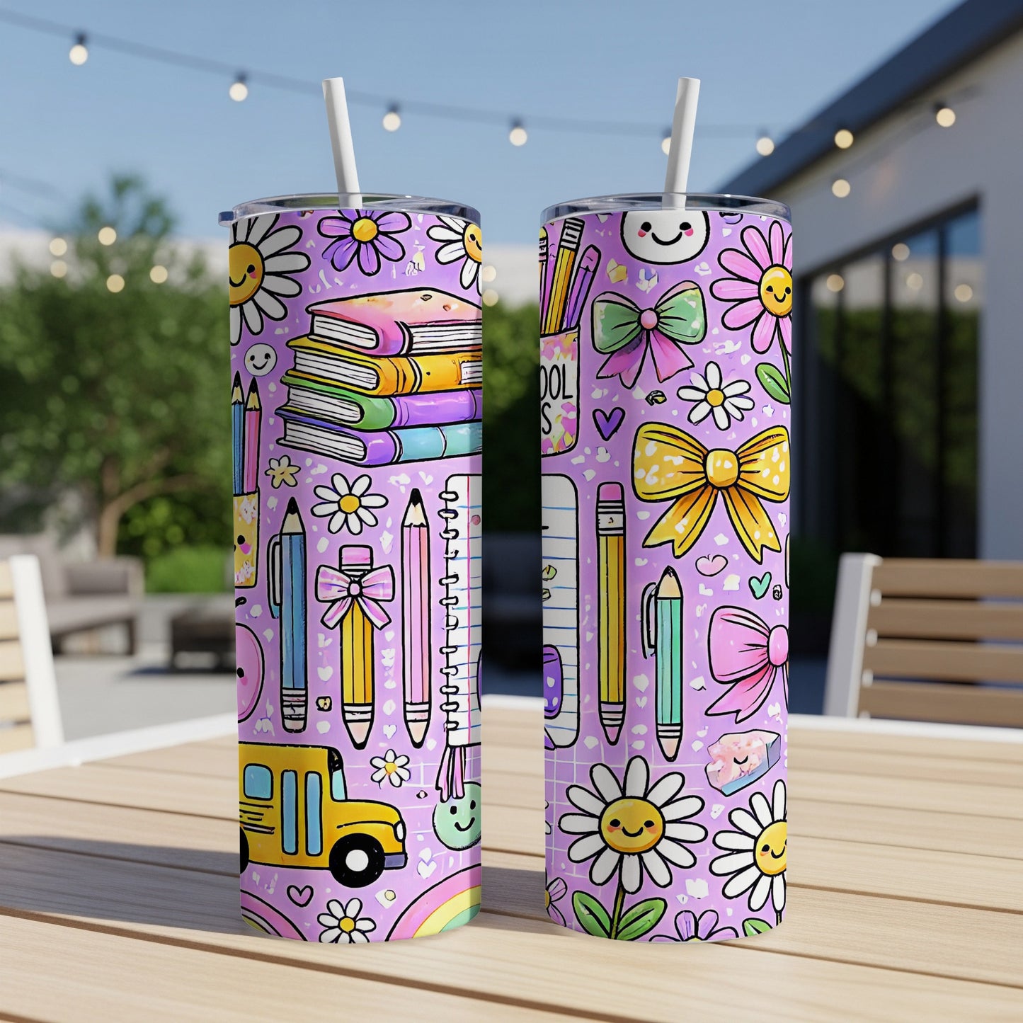 Two tumblers with a whimsical school-themed print featuring books, pencils, bows, and smiling daisies.