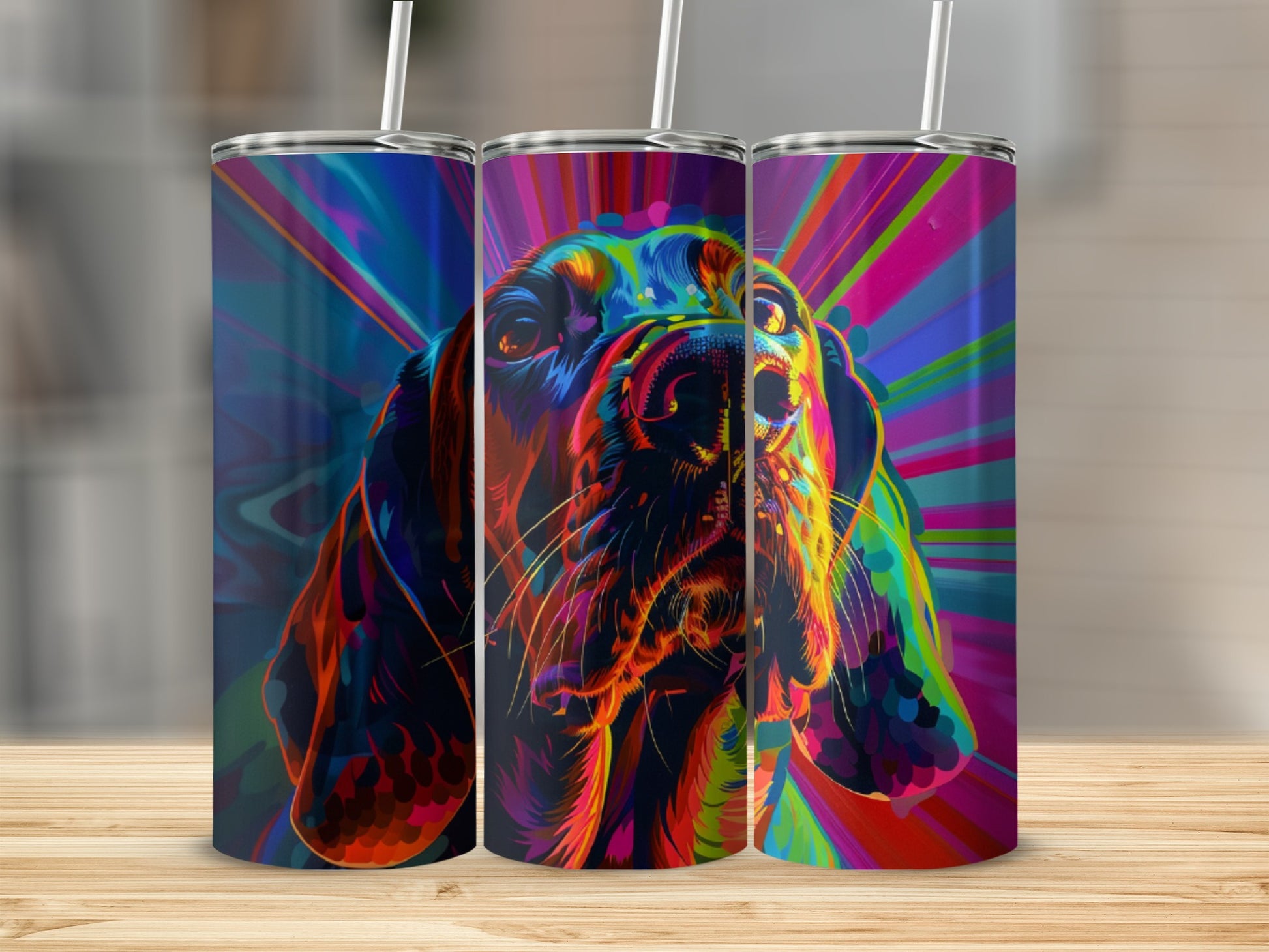 Colorful abstract dog portrait on three tumblers with straws.