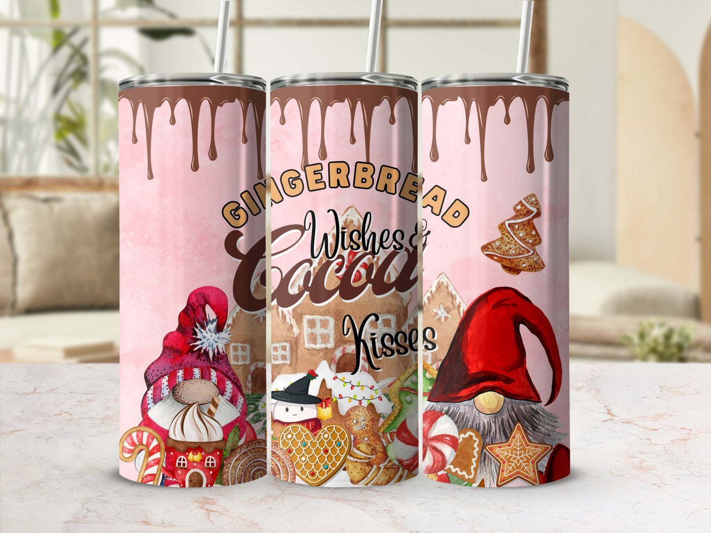 Gingerbread Wishes & Kisses tumbler with gnomes and cookies.