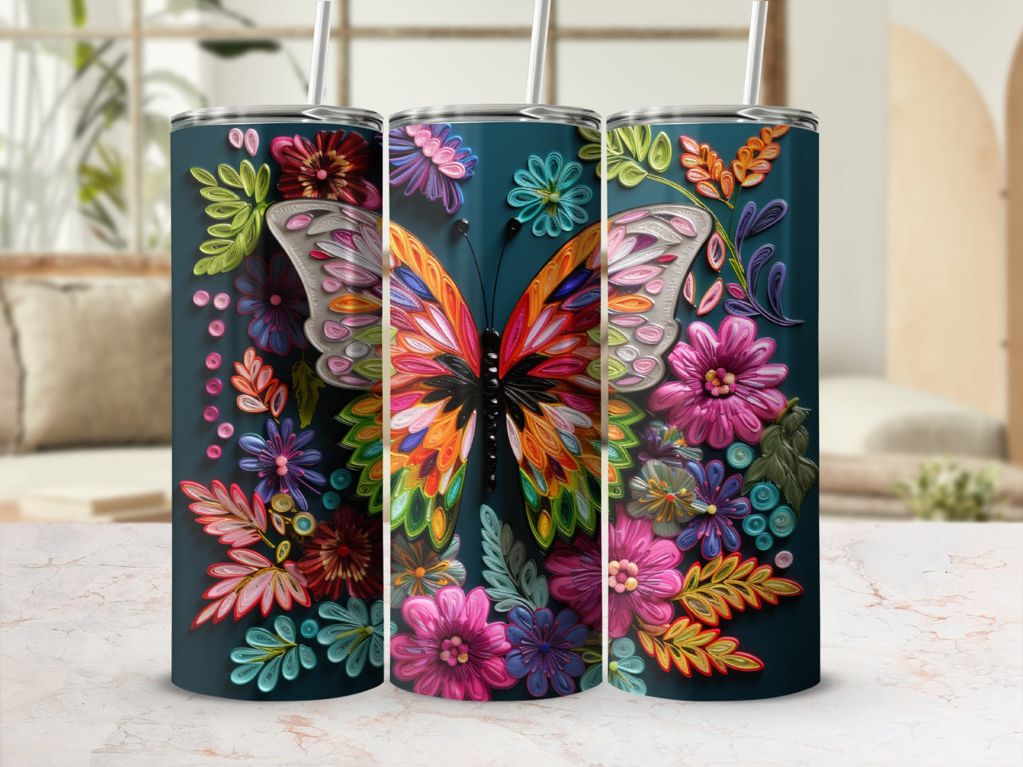 Dark teal tumbler with colorful butterfly and floral designs.