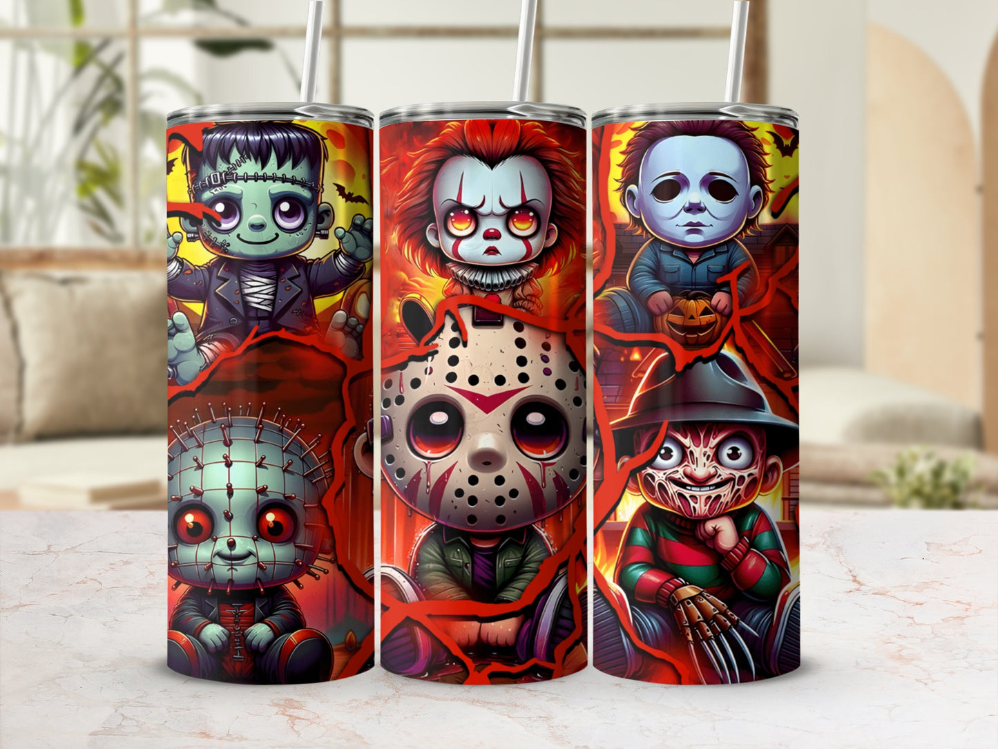 Cartoon horror movie characters Frankenstein, Pennywise, Michael Myers, and Pinhead on a tumbler.