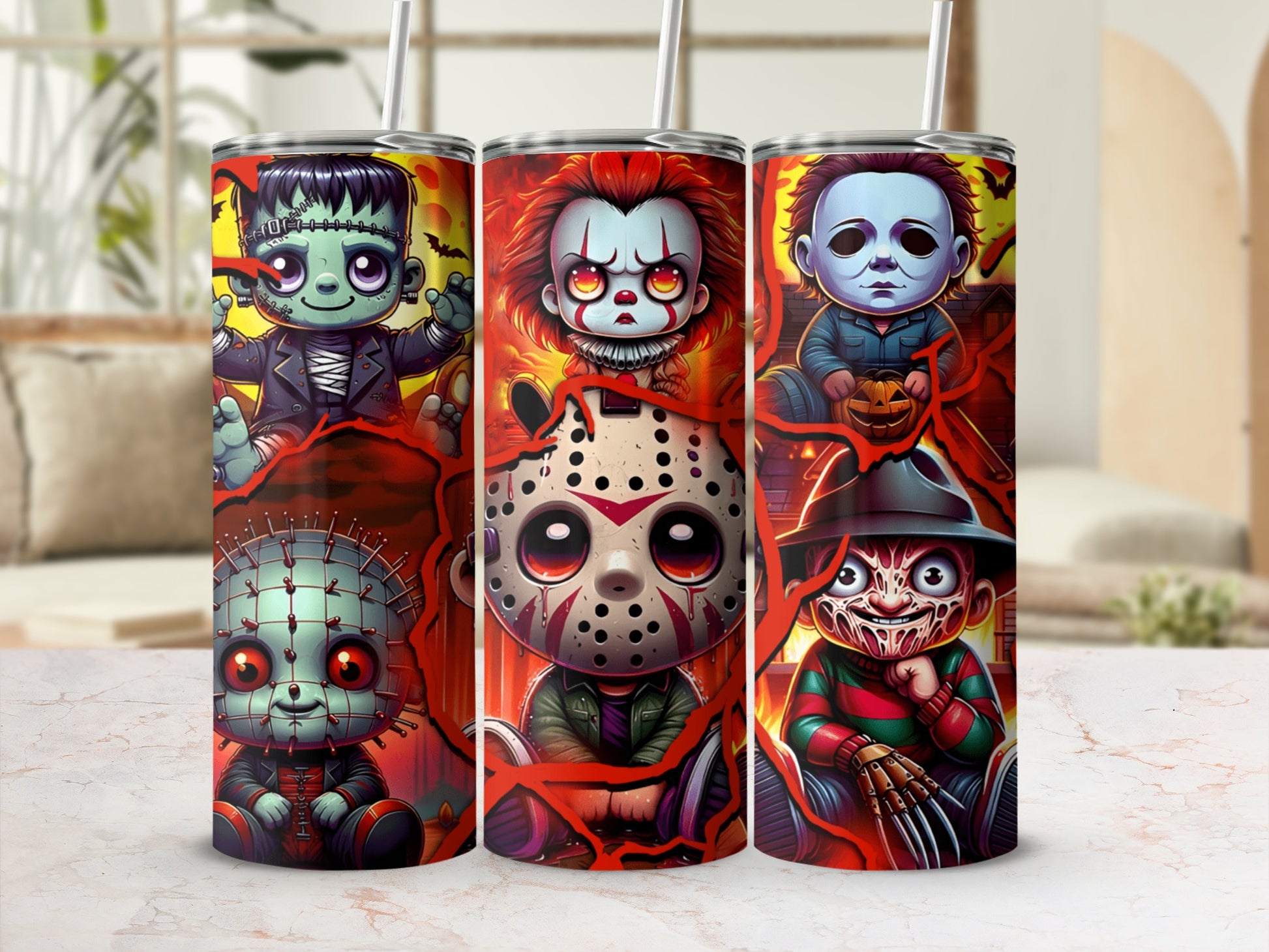 Cartoon horror movie characters Frankenstein, Pennywise, Michael Myers, and Pinhead on a tumbler.