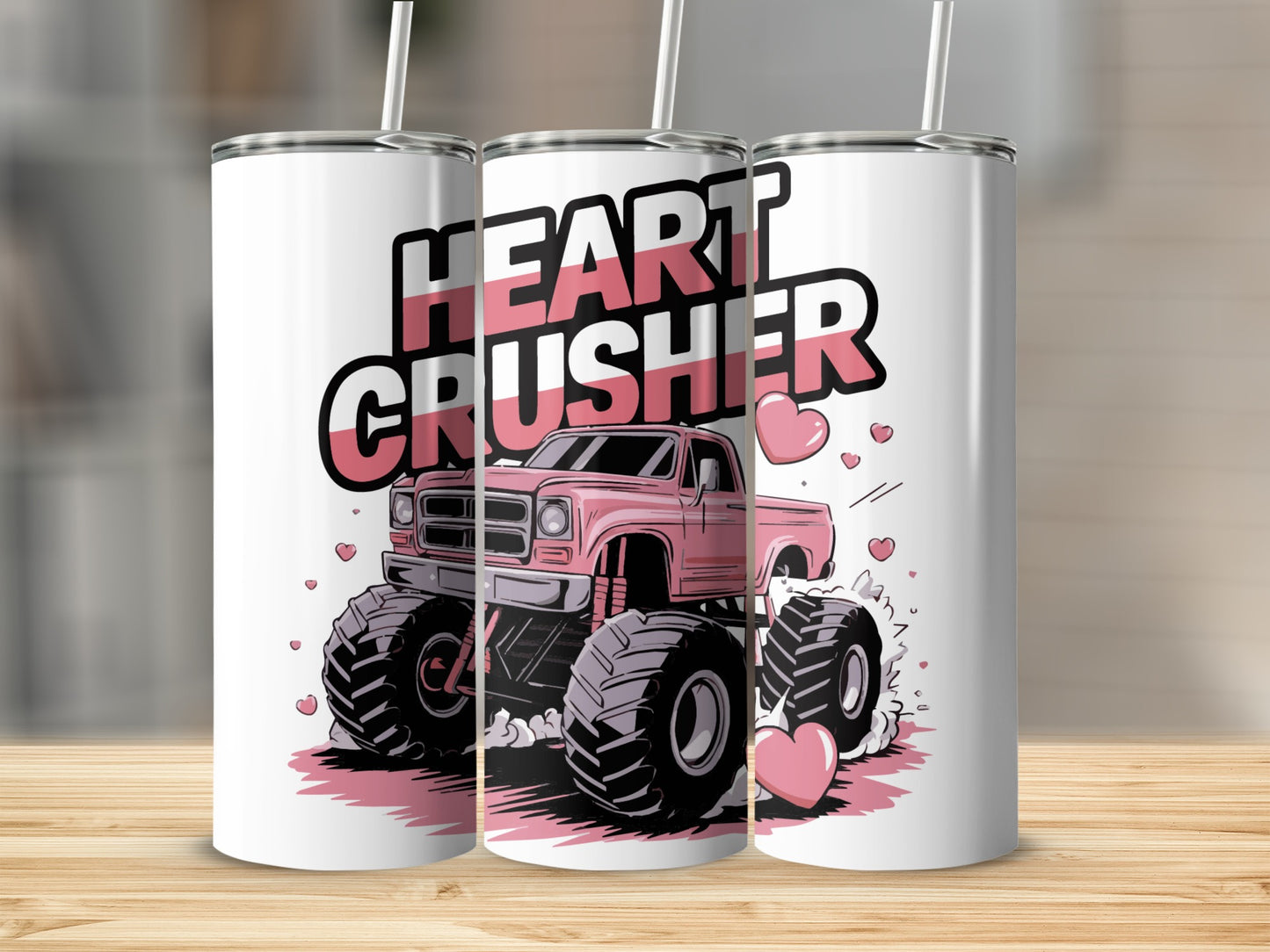 Pink monster truck with "Heart Crusher" text and hearts.