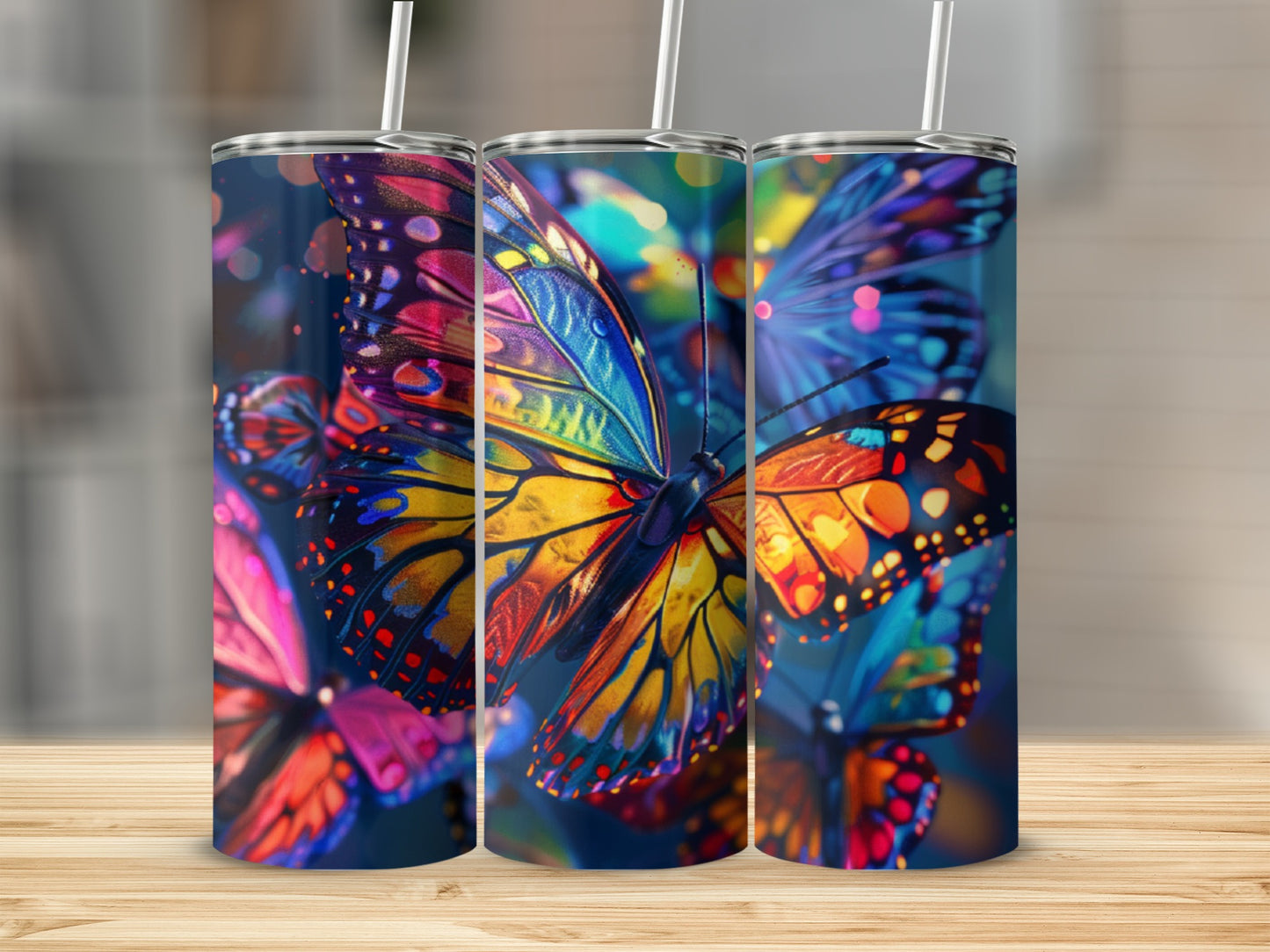 Three tumblers featuring vibrant, colorful stained-glass effect butterflies.