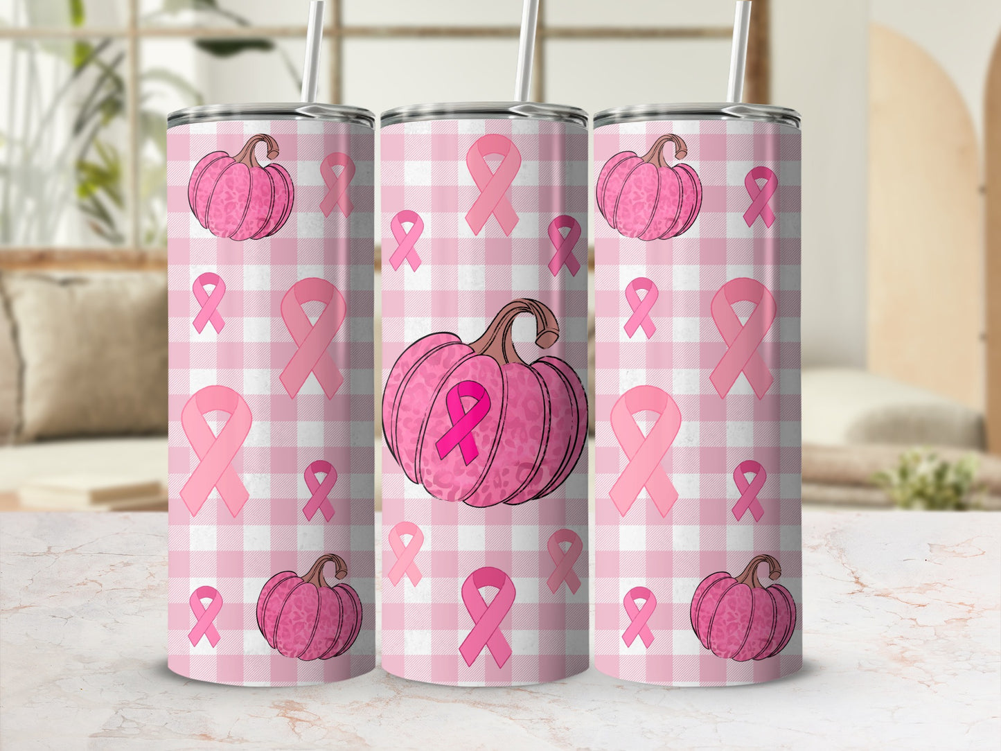 Pink gingham tumbler with pumpkins and pink ribbon design.