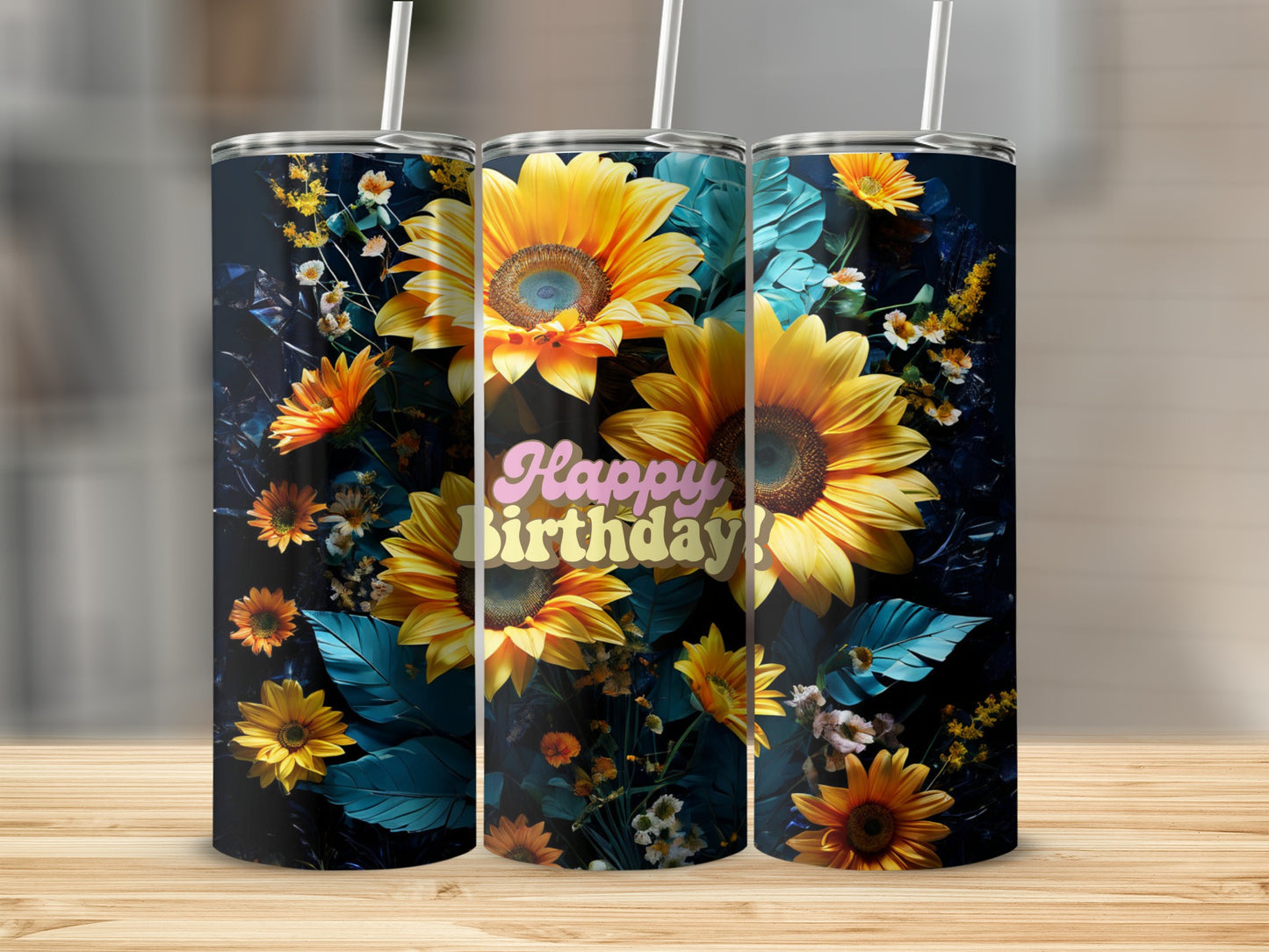 Happy Birthday tumbler with sunflowers on a dark floral background.
