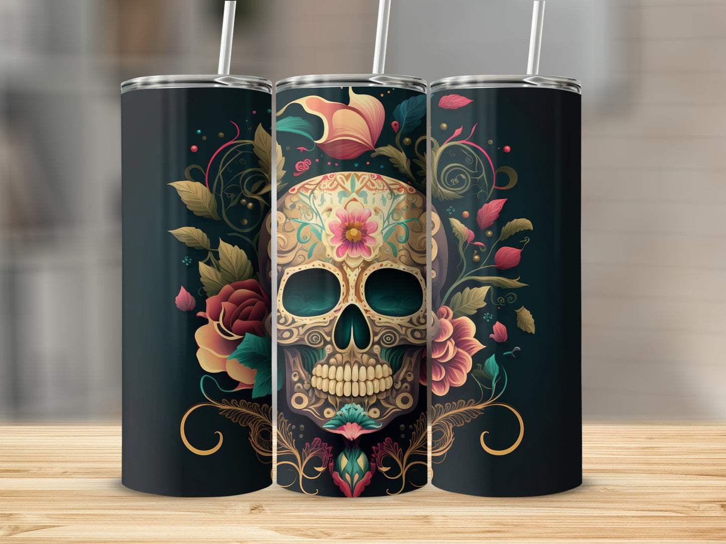 Floral Skull Art on Dark Background Tumbler Product