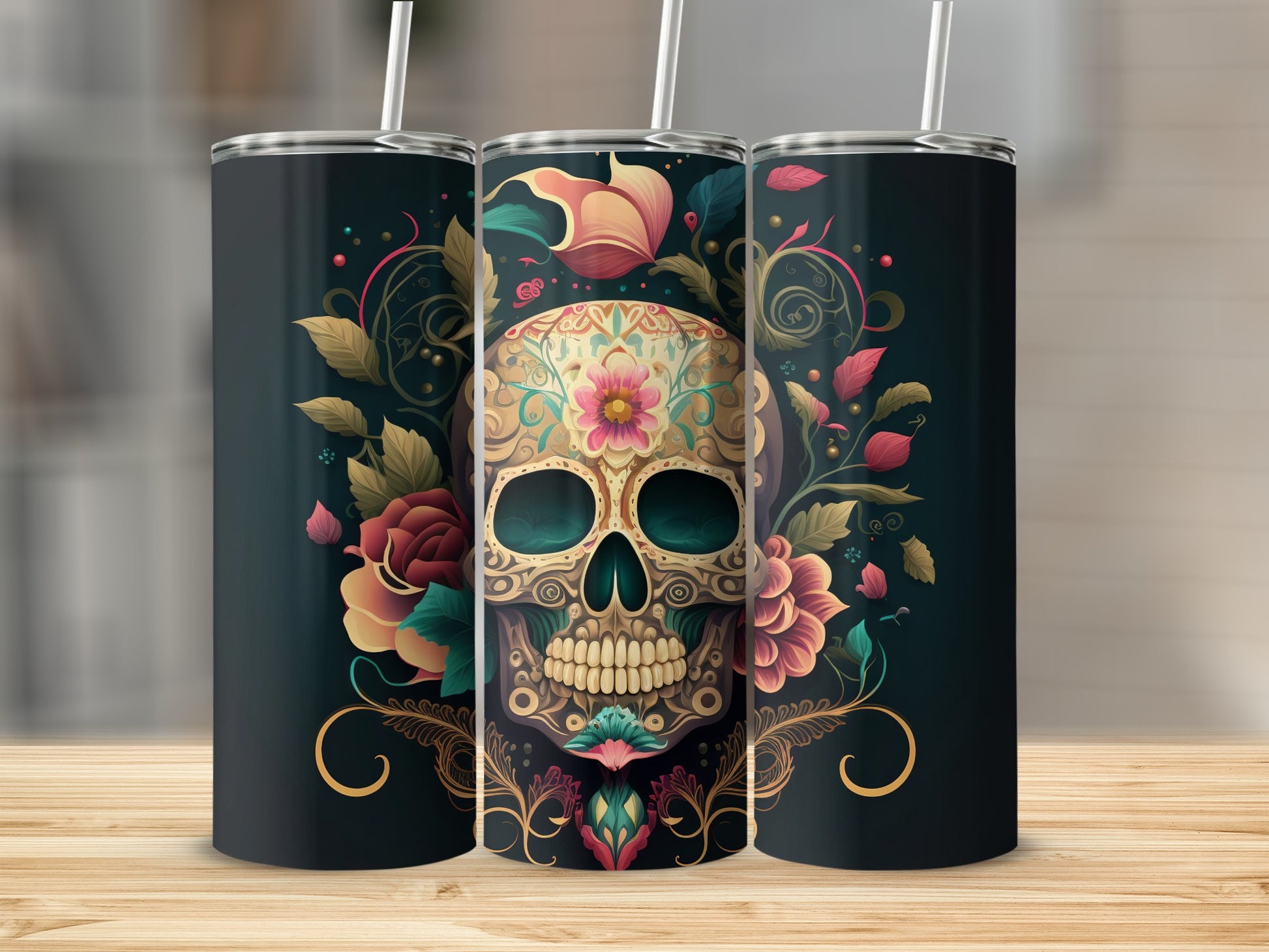 Floral Skull Art on Dark Background Tumbler Product
