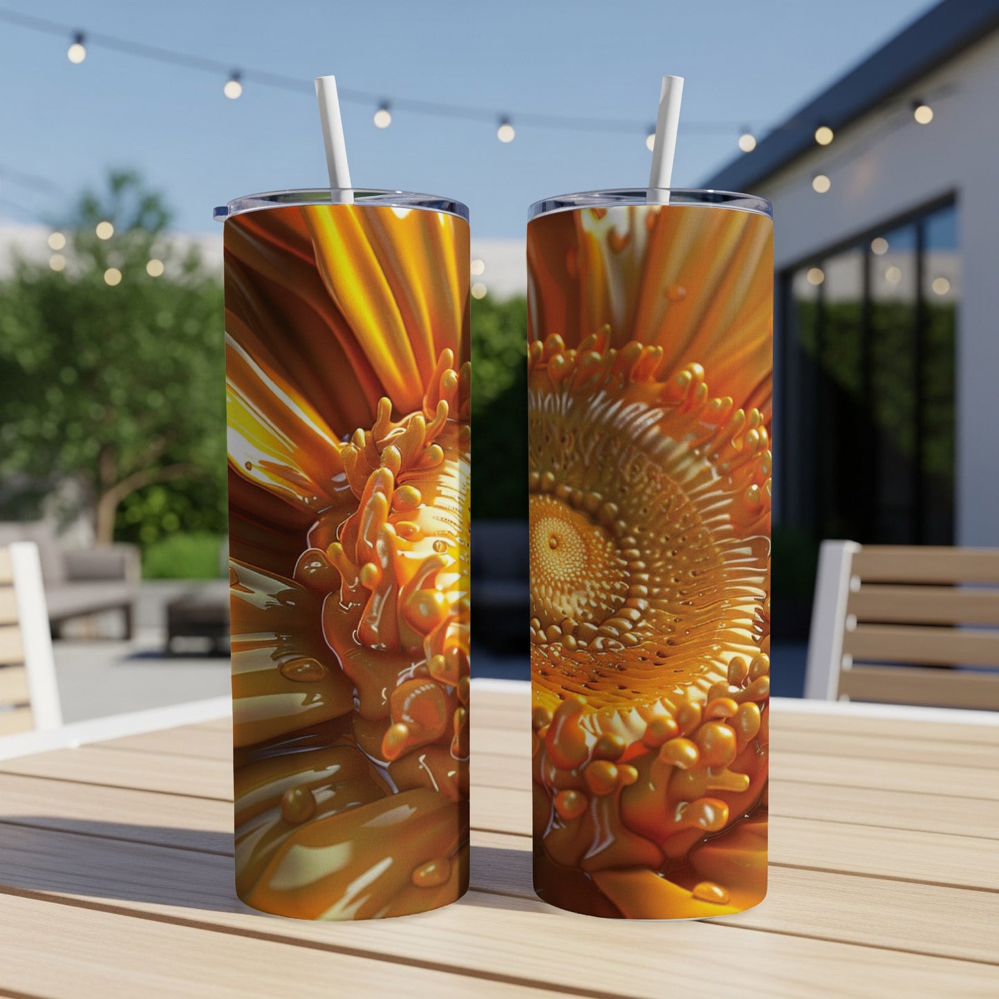 Two orange gerbera daisies on a wooden table.