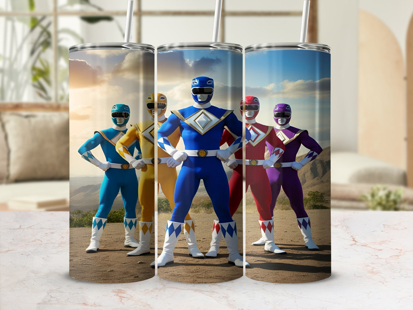 Five Power Rangers in colored suits stand together with a desert landscape.