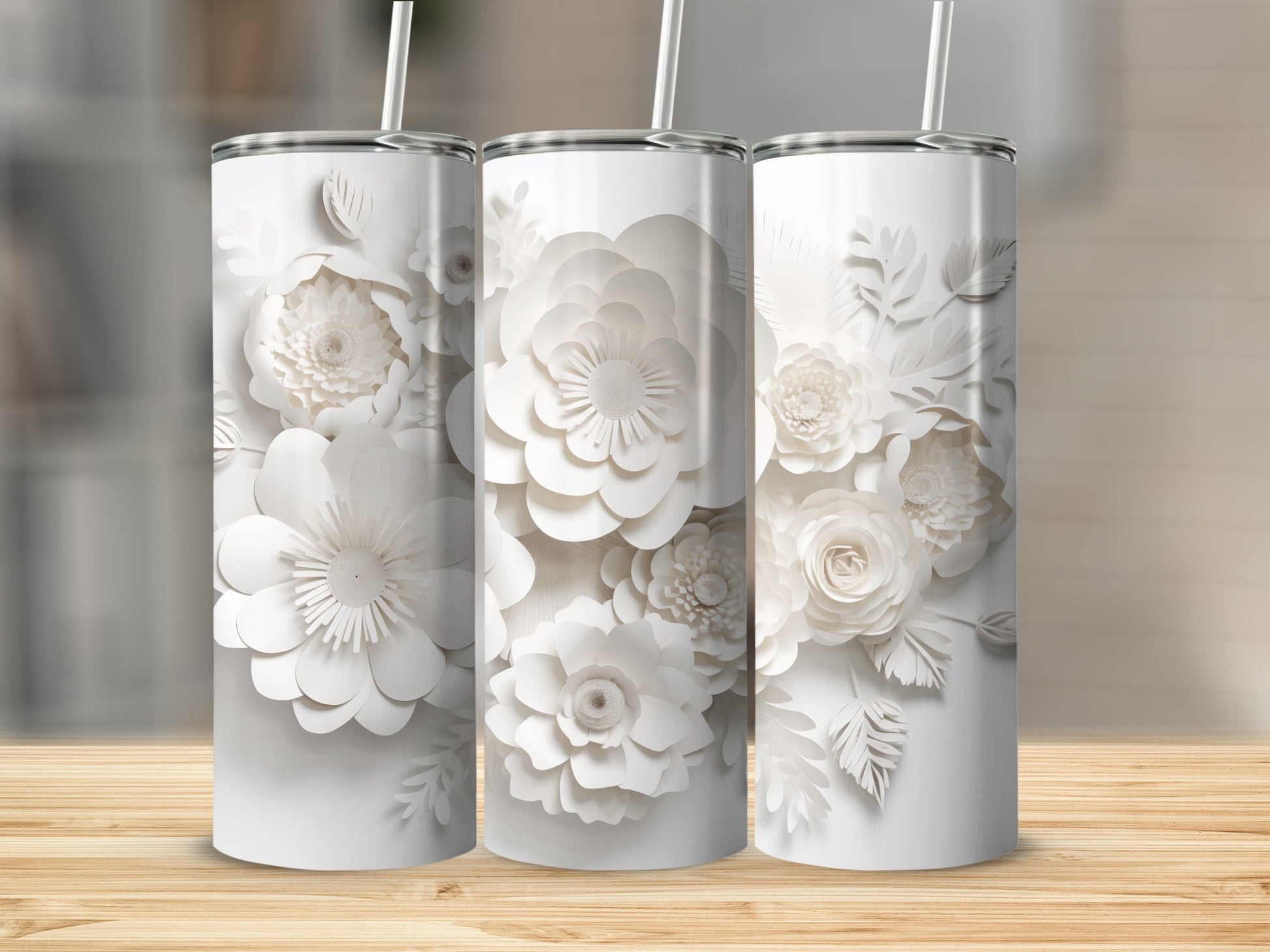 Elegant White Floral Design Insulated Tumbler Cups
