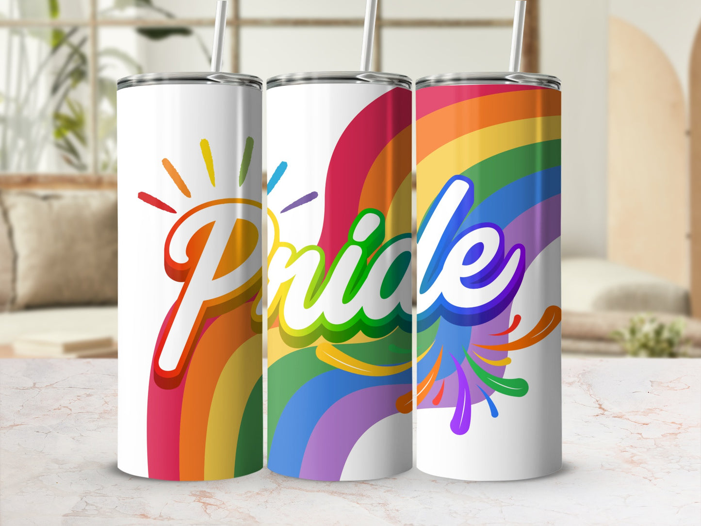 Three tumblers with rainbow stripes and pride flag graphics.