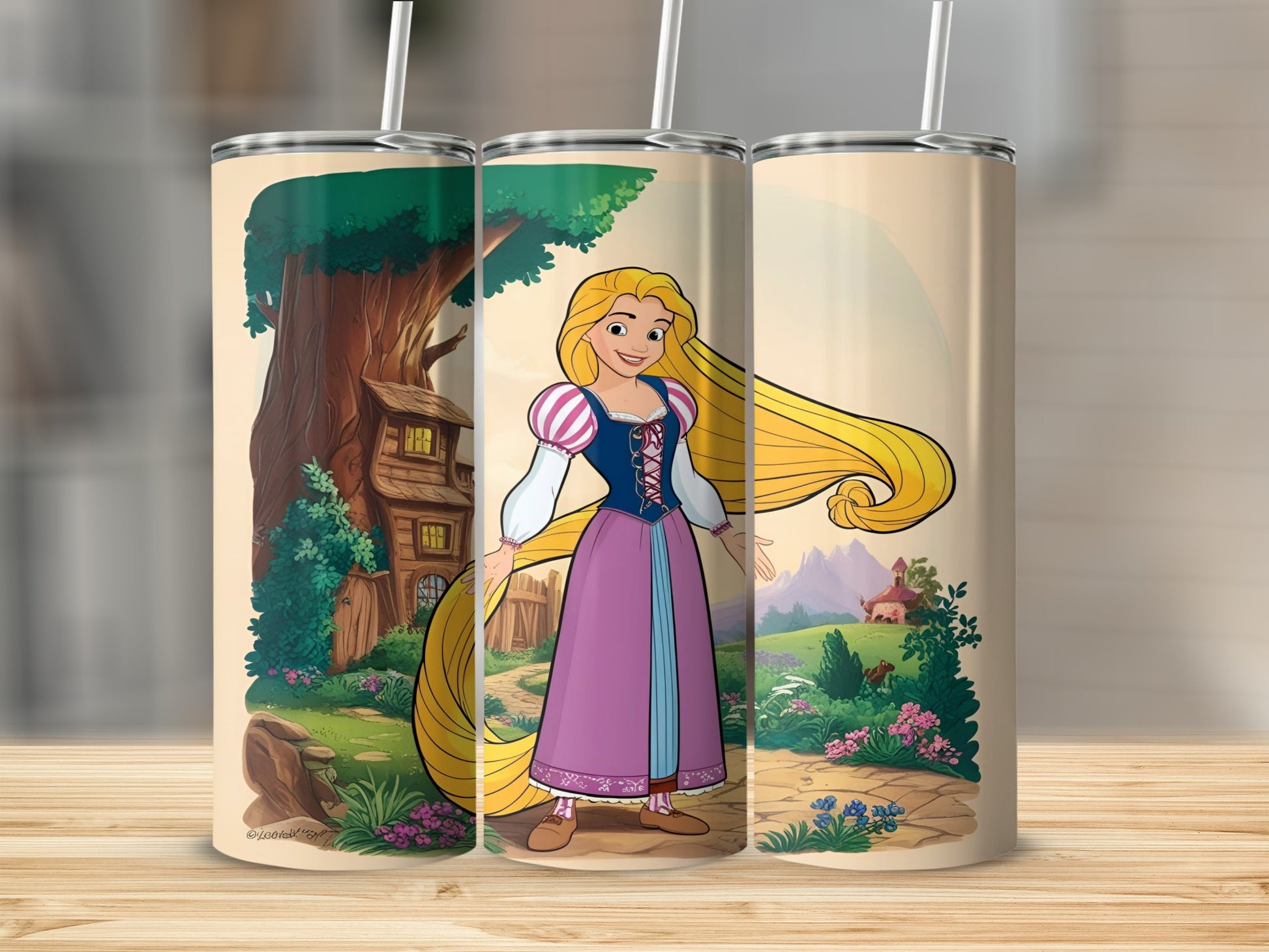Rapunzel with long blonde hair in a purple dress on a rustic background.
