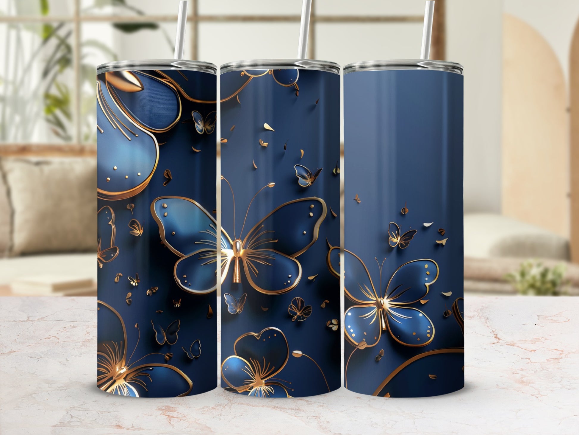 Dark blue tumbler with metallic gold butterfly pattern.