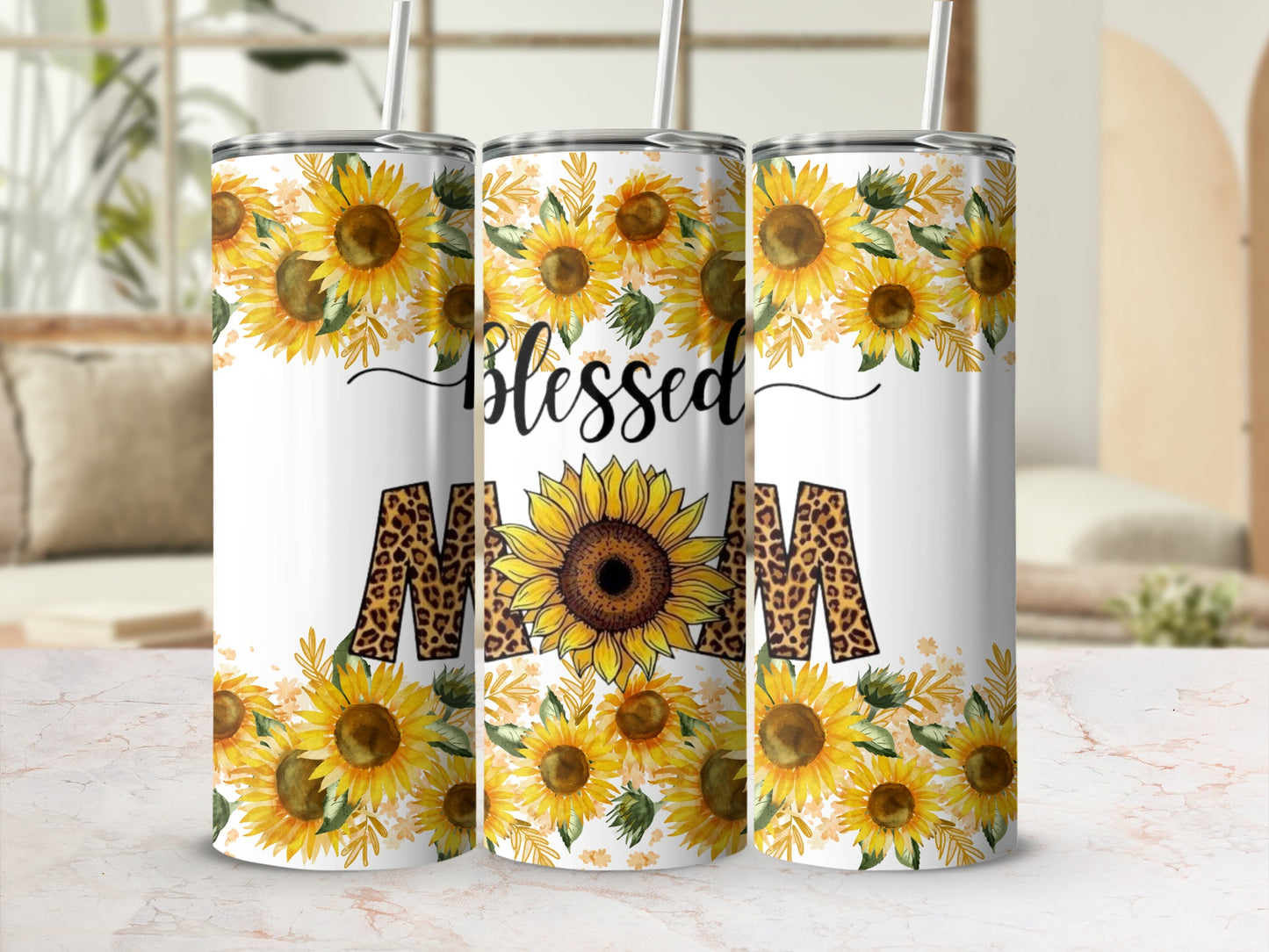 Blessed Mom Sunflower Leopard Print Tumbler 20oz Cup
