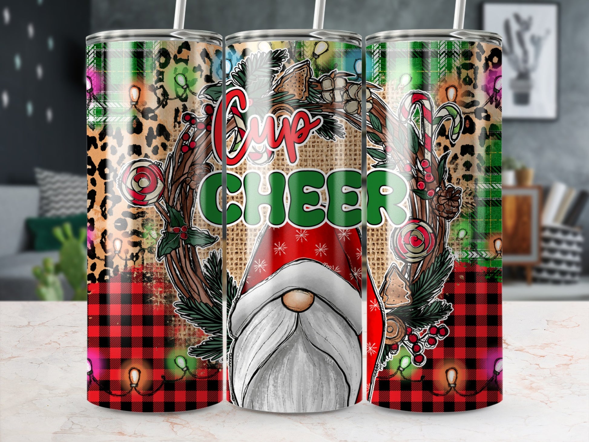 Christmas gnome with "Cup Cheer" text, surrounded by festive wreath and plaid background.