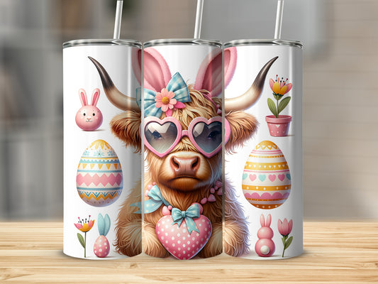 Cow with heart sunglasses, bunny ears, and Easter eggs.