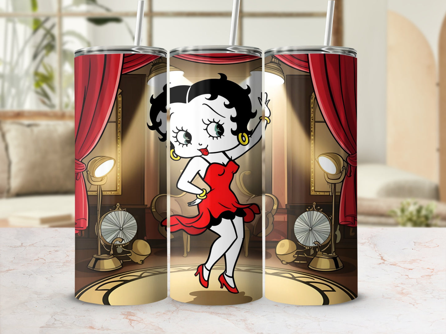 Betty Boop in a red dress dancing on a stage with spotlights and curtains.