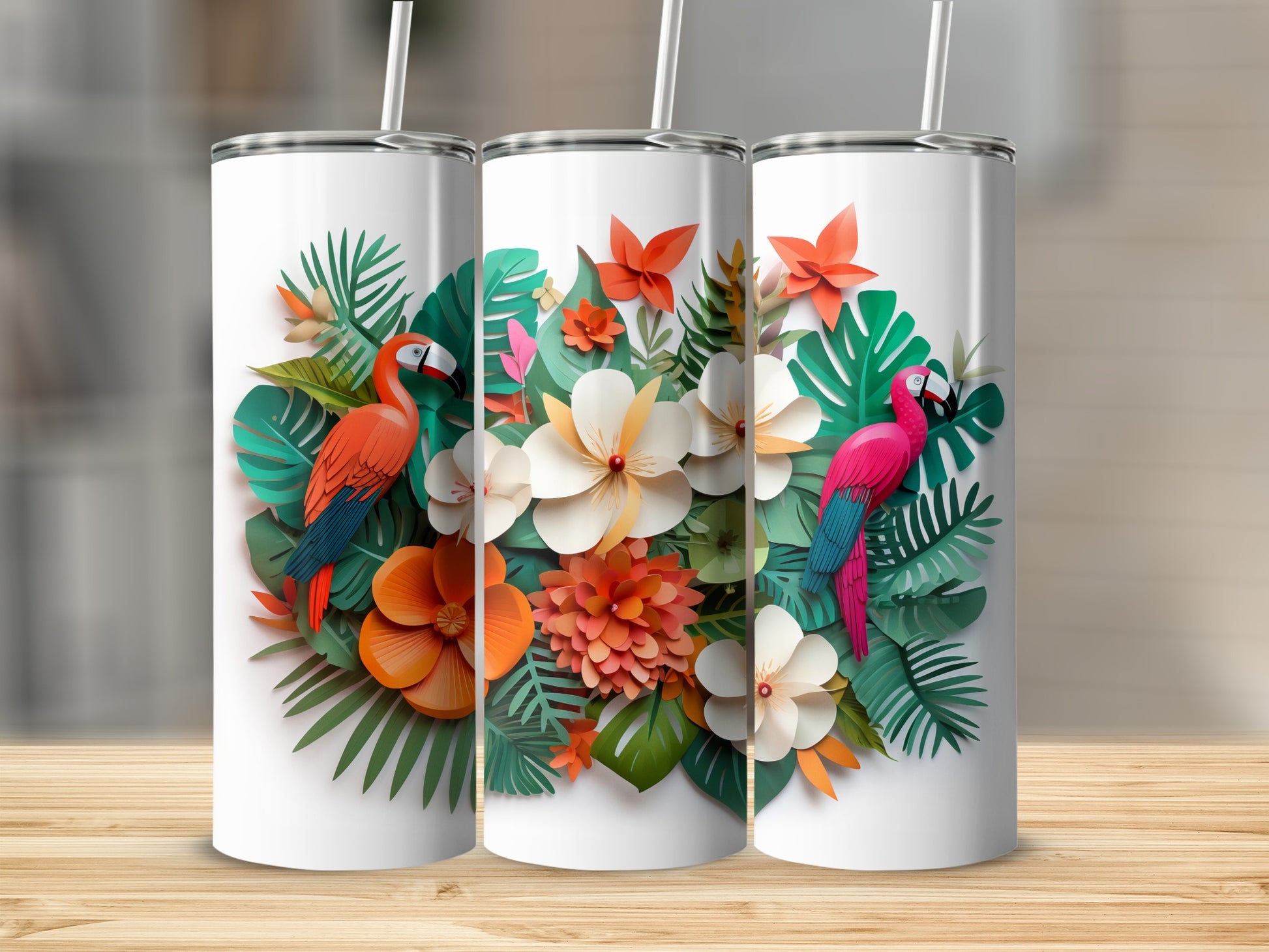 Tropical Floral Parrot Print Tumbler with Straw Cup