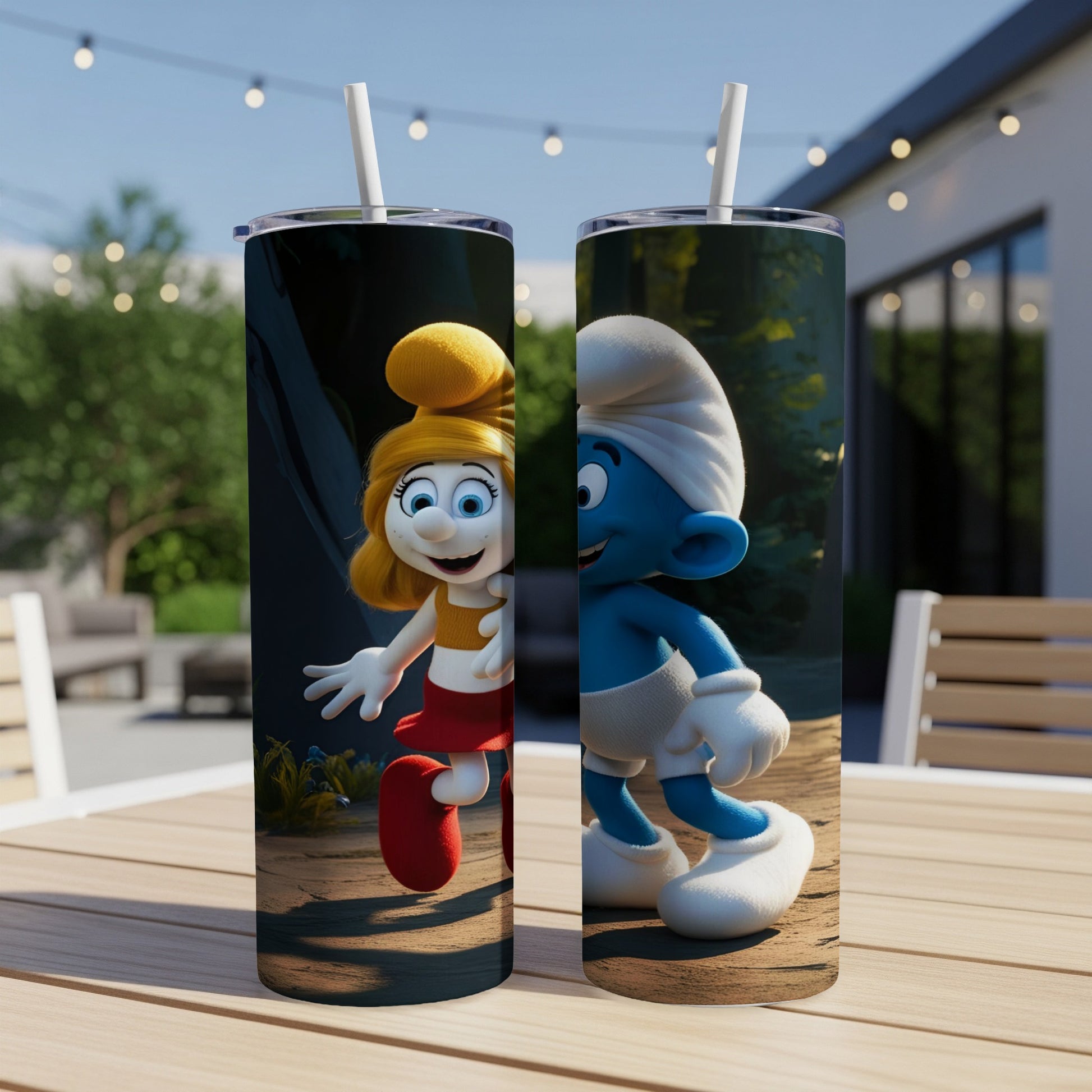 Smurfette and Papa Smurf graphic on two tumblers outdoors.