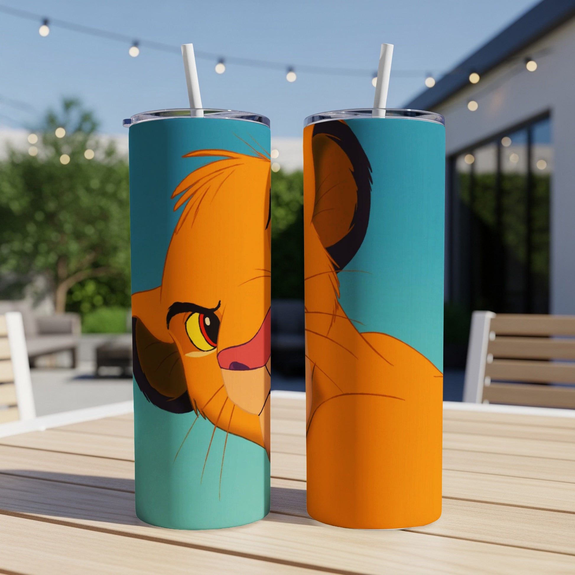 Simba from The Lion King on a blue and orange tumbler.