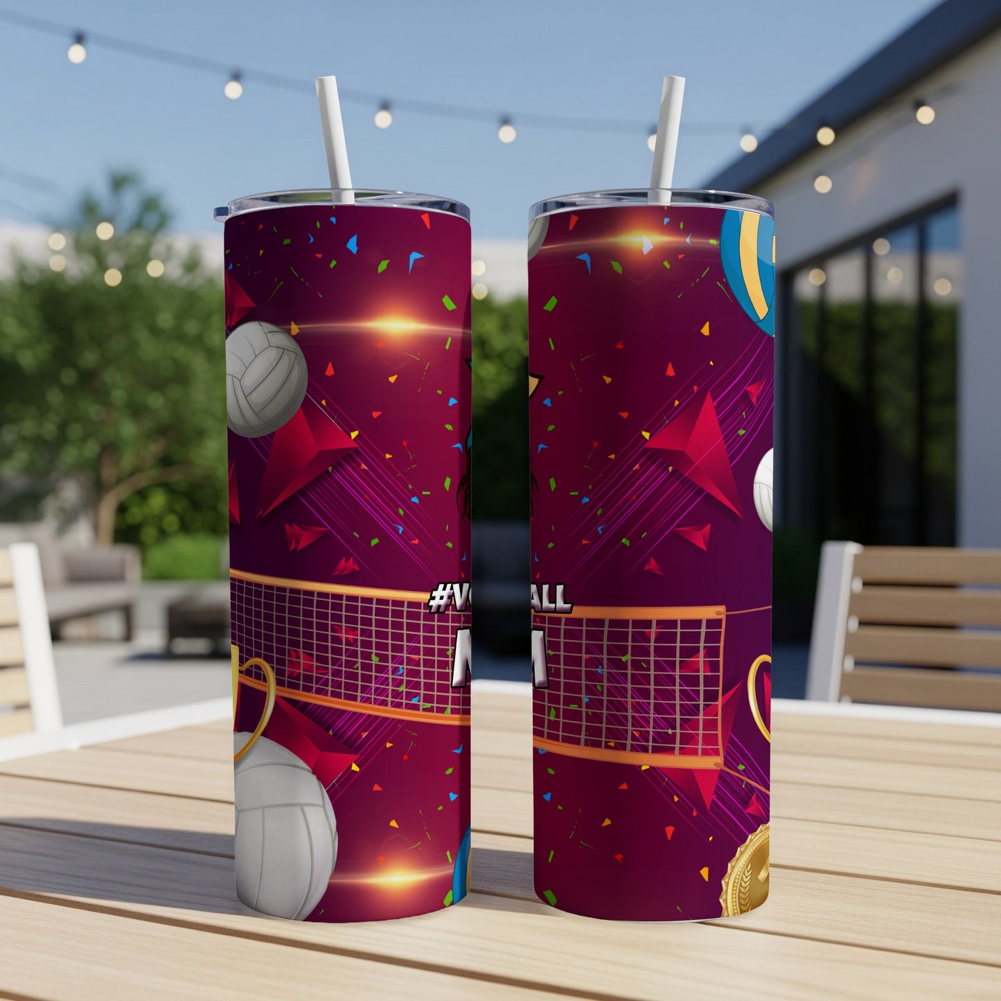 Maroon tumbler with volleyball graphics and "#VolleyLife" text.