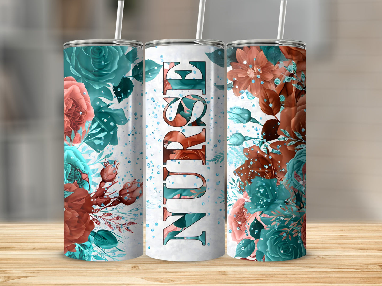 Nurse tumbler with floral design and teal and coral accents.